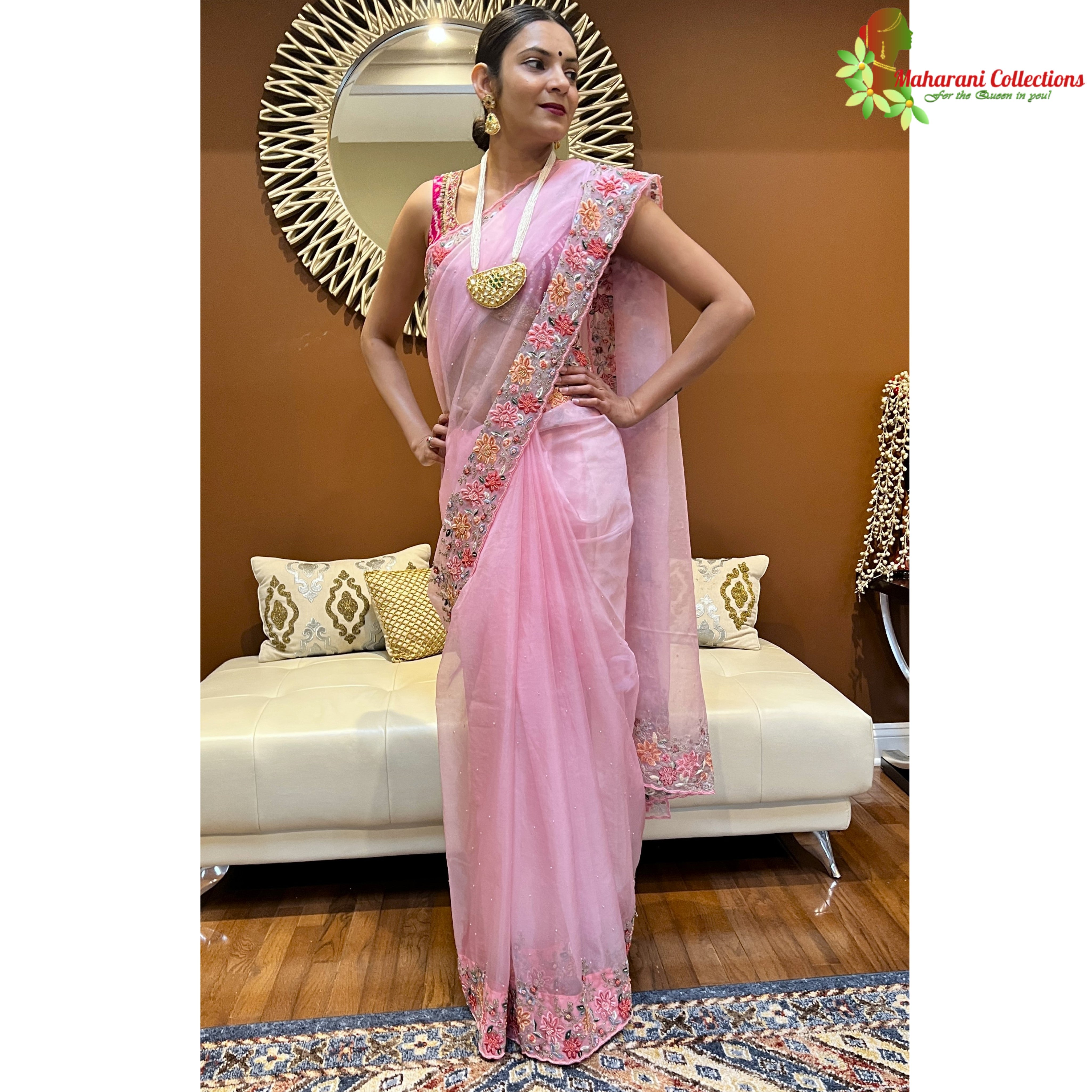 Buy Anne Pink Satin Organza Silk Saree Online | Rouje Offical