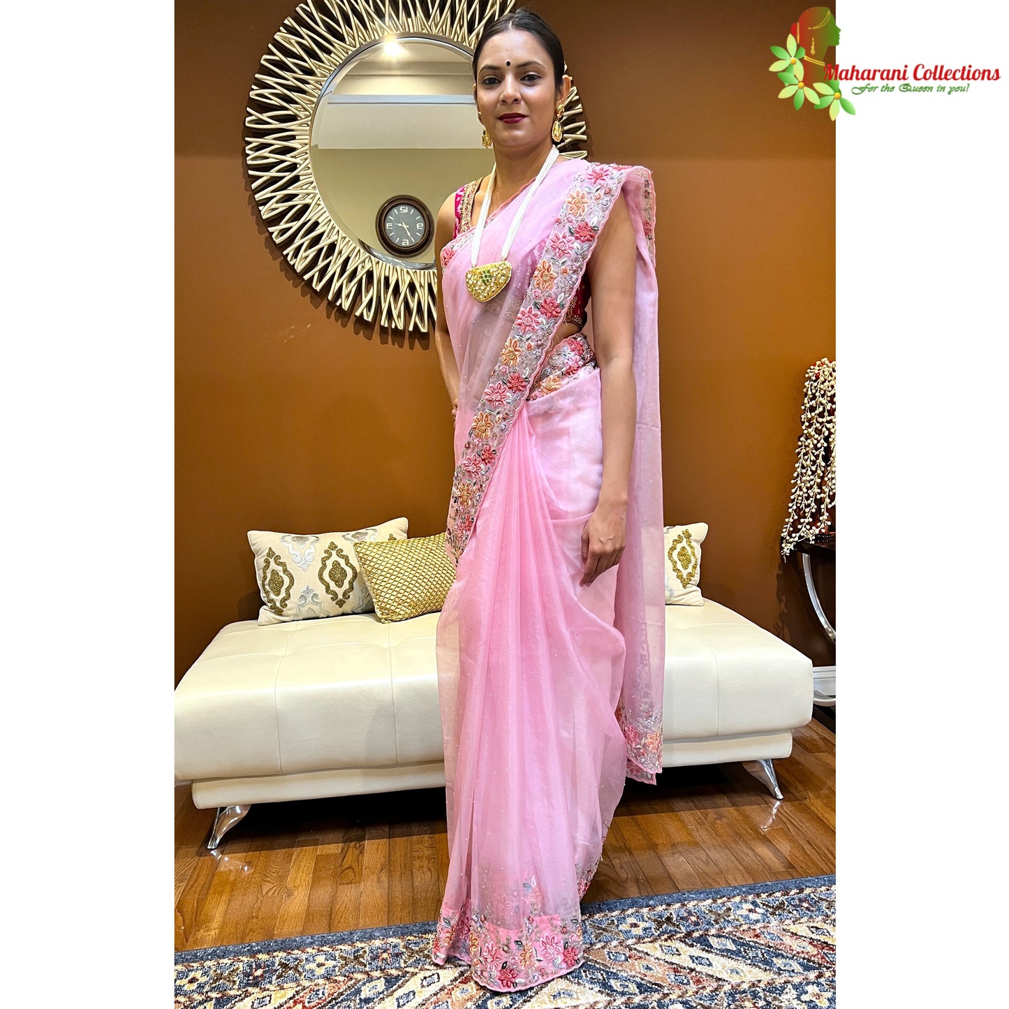 Maharani's Designer Party Wear Organza Saree - Pink (with Stitched Petticoat)