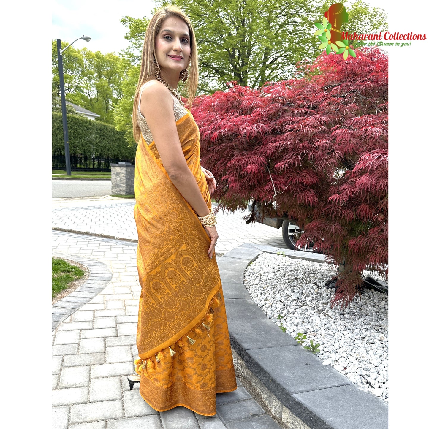 Maharani's Pure Banarasi Silk Saree - Mustard Yellow (with Stitched Blouse and Petticoat)