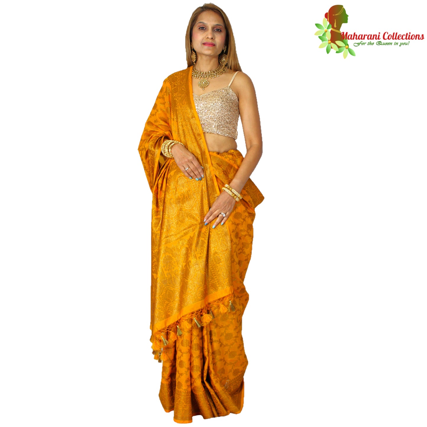 Maharani's Pure Banarasi Silk Saree - Mustard Yellow (with Stitched Blouse and Petticoat)