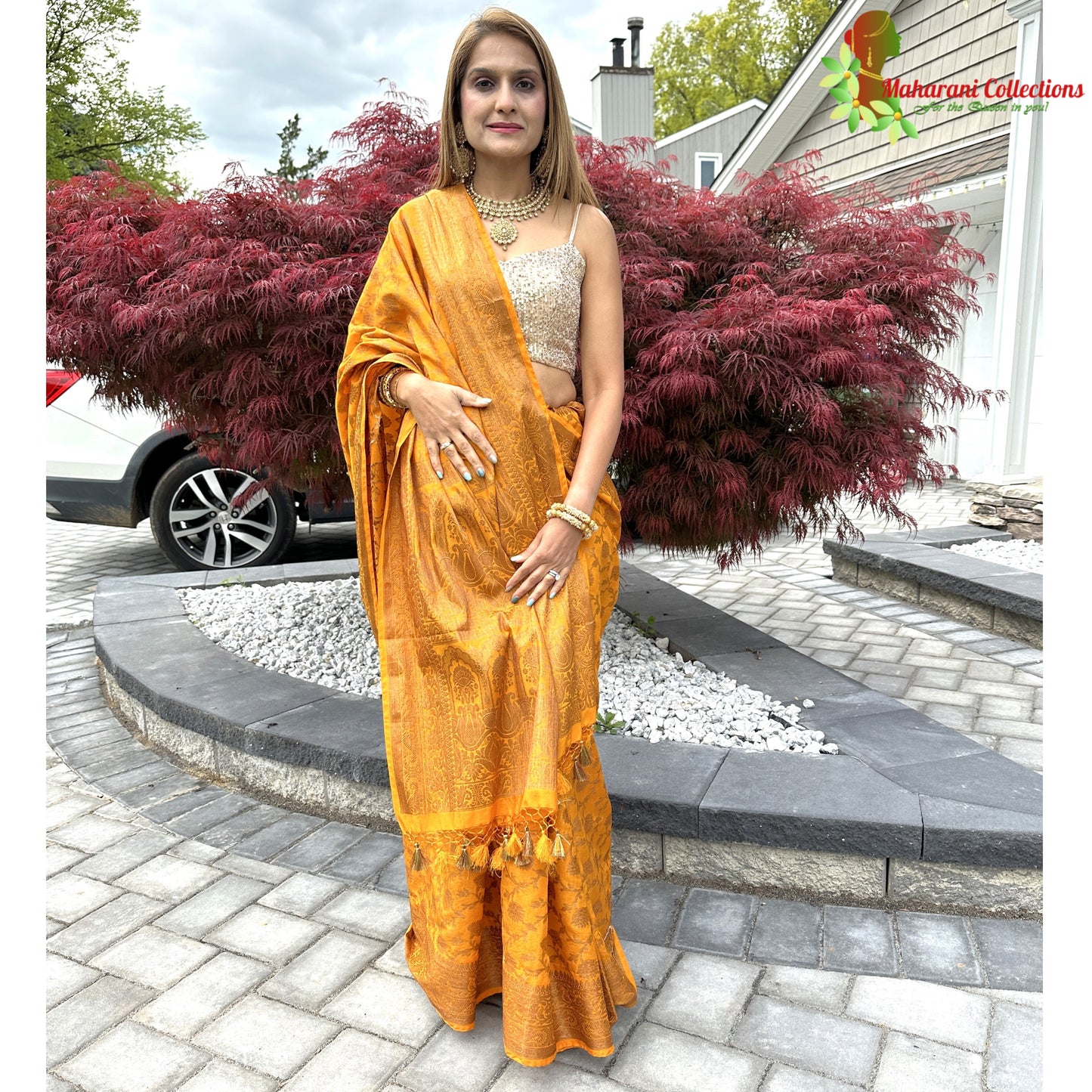 Maharani's Pure Banarasi Silk Saree - Mustard Yellow (with Stitched Blouse and Petticoat)