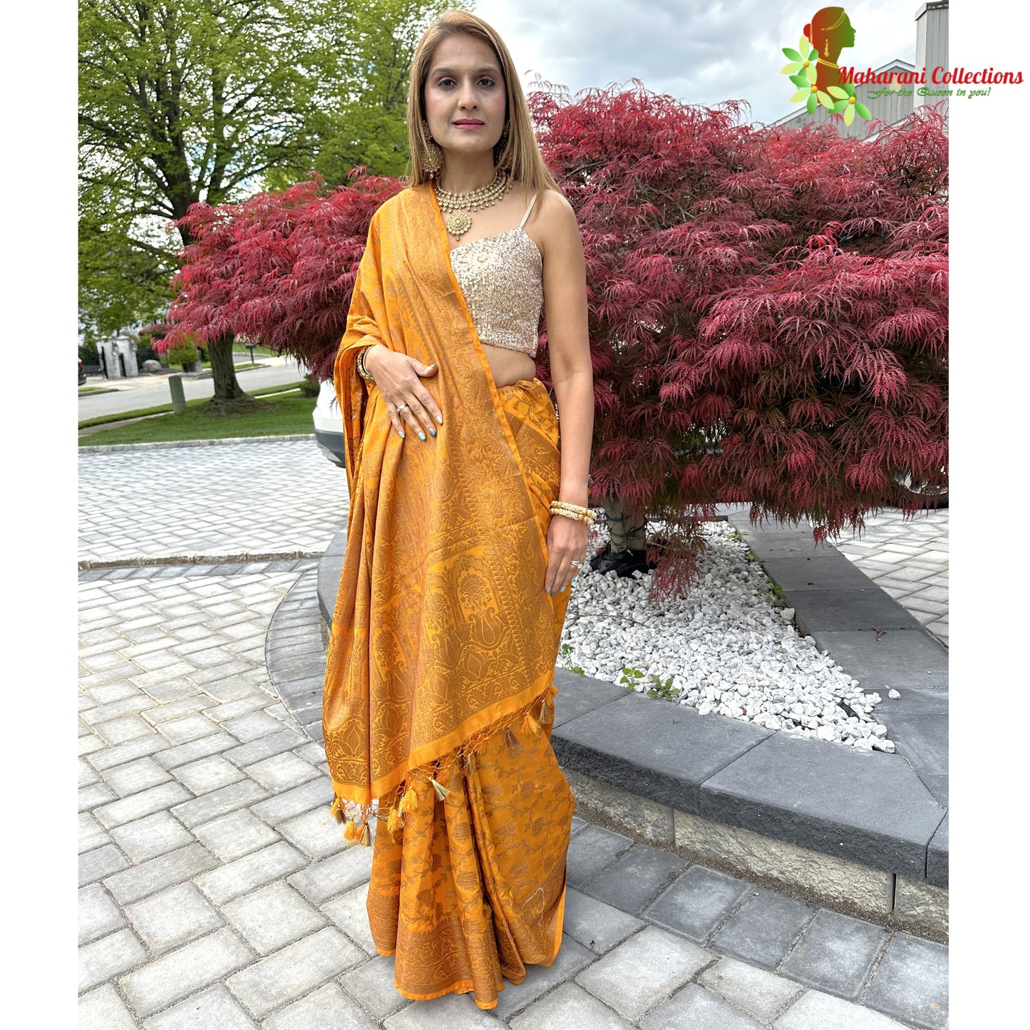 Maharani's Pure Banarasi Silk Saree - Mustard Yellow (with Stitched Blouse and Petticoat)