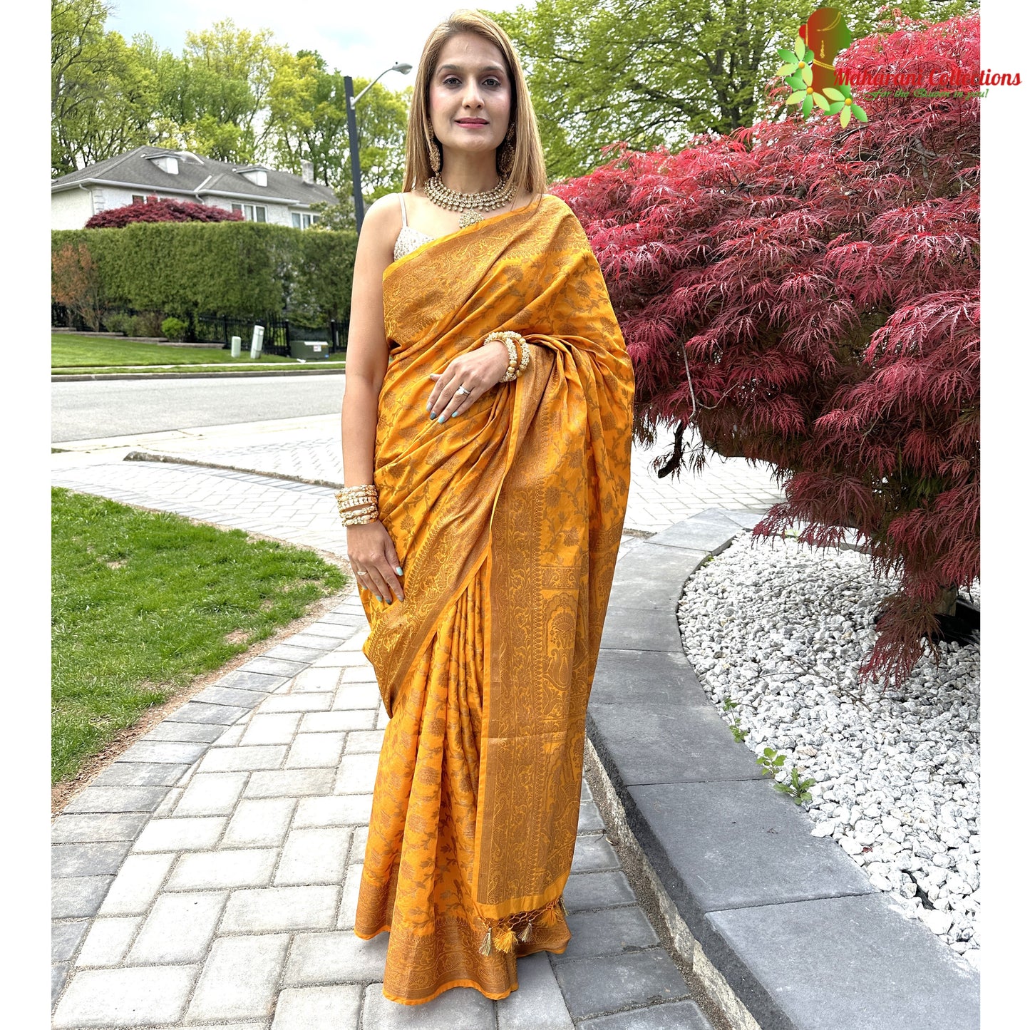 Maharani's Pure Banarasi Silk Saree - Mustard Yellow (with Stitched Blouse and Petticoat)