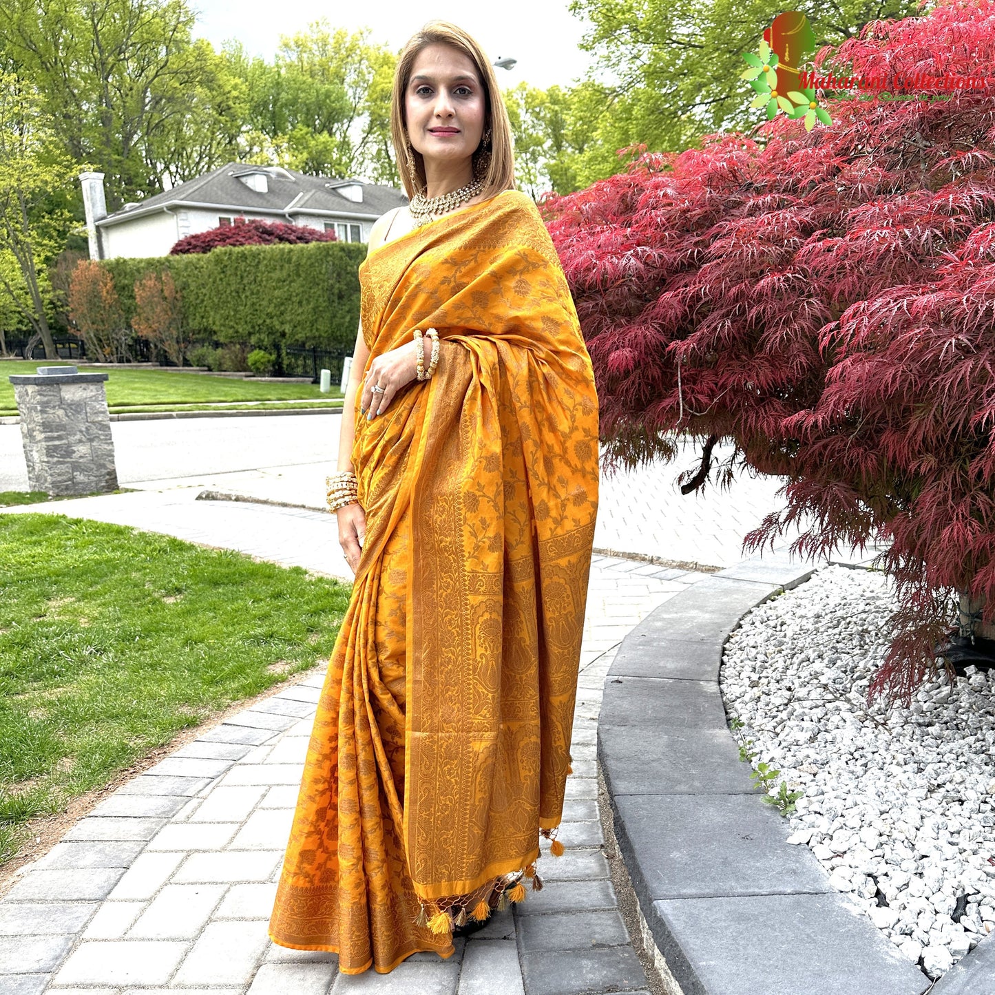 Maharani's Pure Banarasi Silk Saree - Mustard Yellow (with Stitched Blouse and Petticoat)