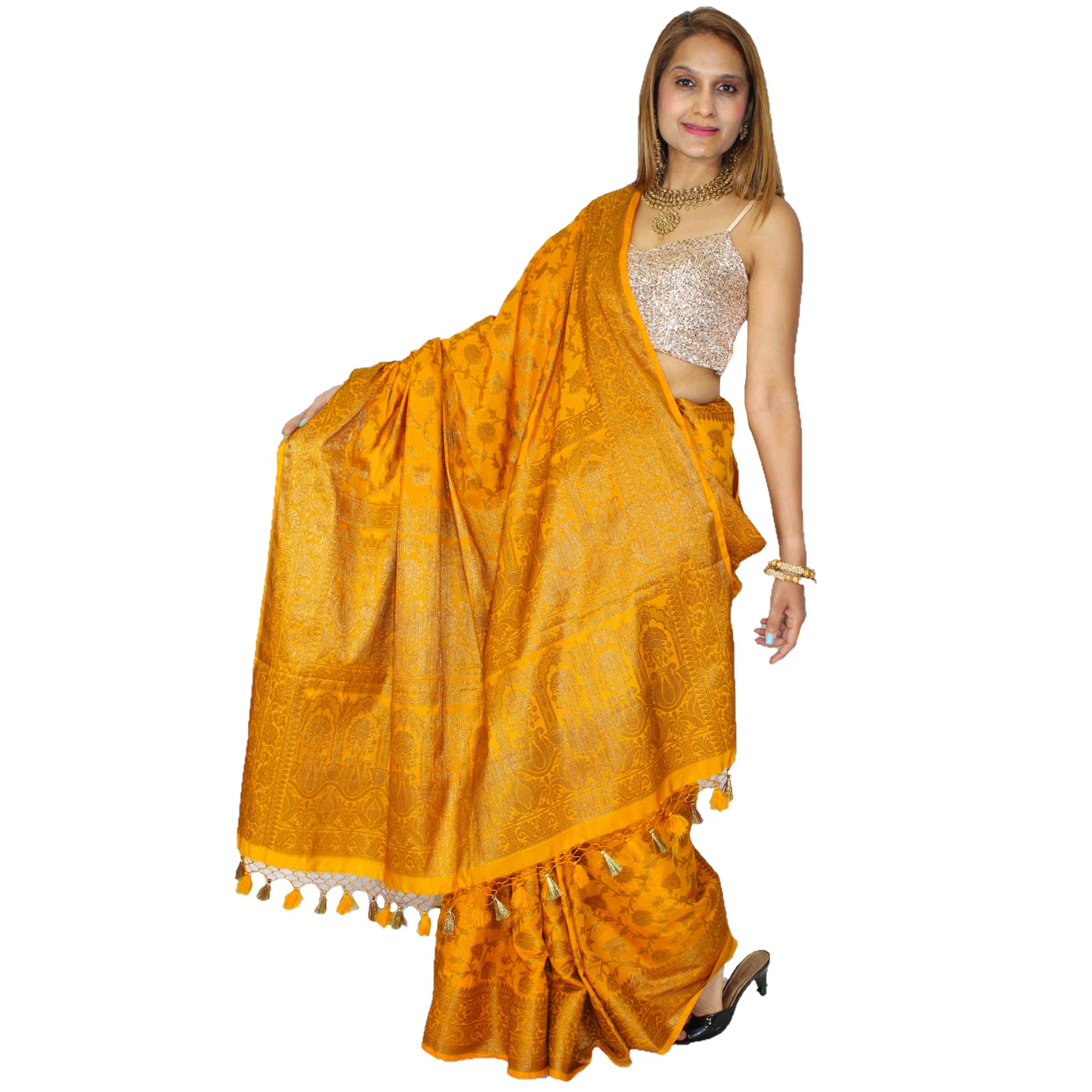 Maharani's Pure Banarasi Silk Saree - Mustard Yellow (with Stitched Blouse and Petticoat)