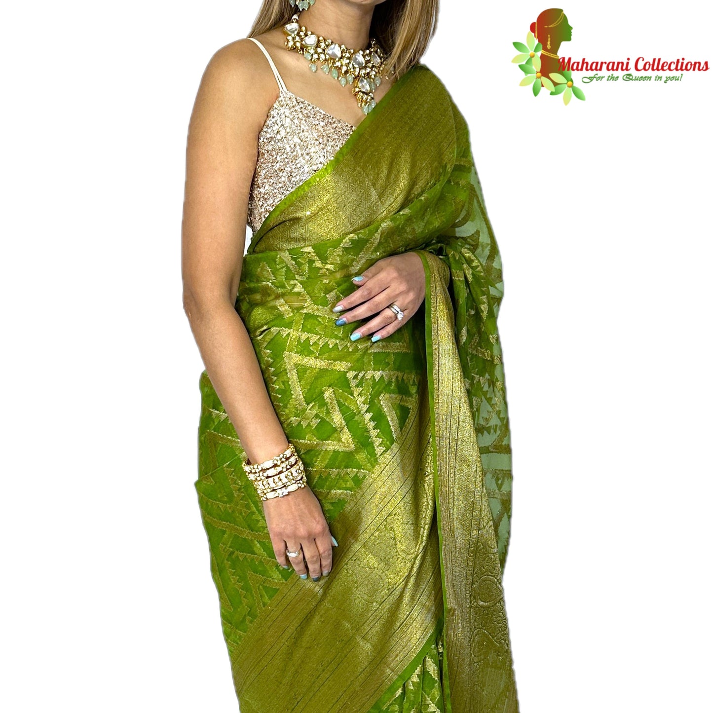 Maharani's Pure Banarasi Silk Saree - Green (with Stitched Blouse and Petticoat)