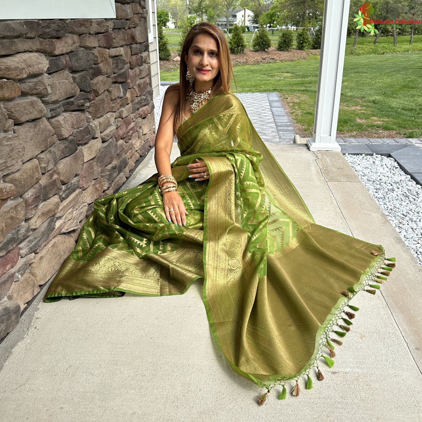 Maharani's Pure Banarasi Silk Saree - Green (with Stitched Blouse and Petticoat)