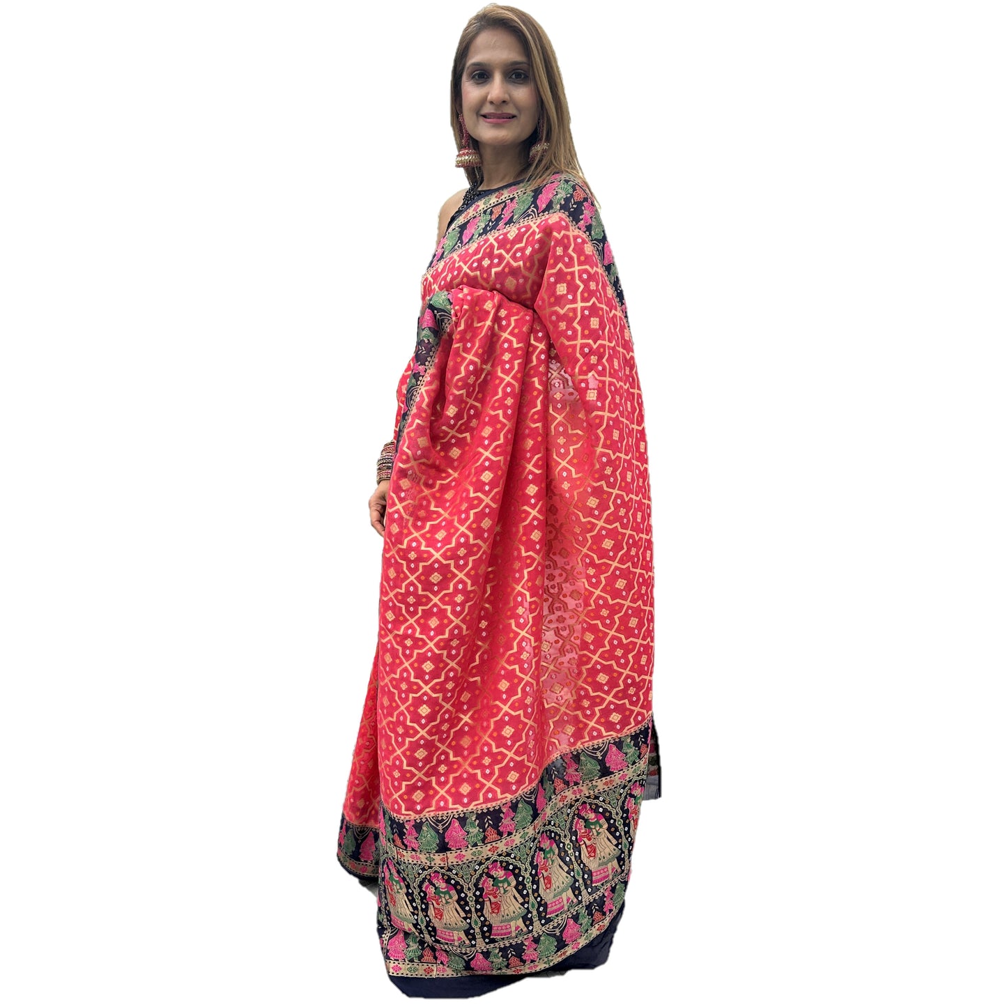 Maharani's Pure Banarasi Silk Saree - Raspberry Red and Blue