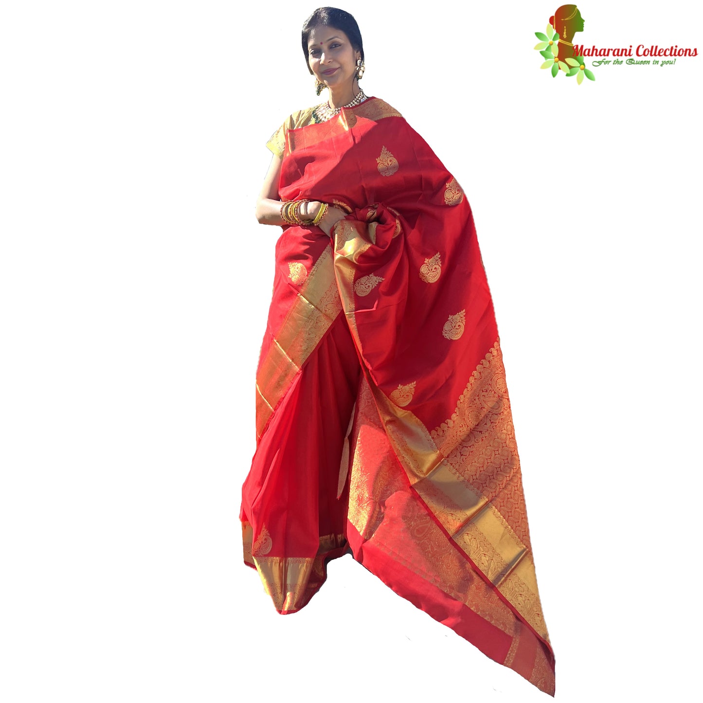 Maharani's Pure Handloom Kanjivaram Silk Saree - Bridal Red with Golden Zari and Boota work