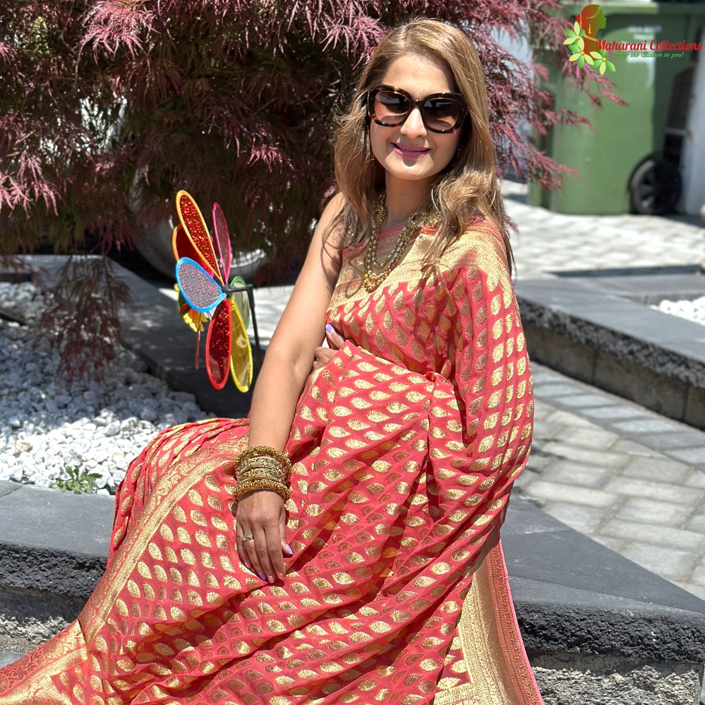 Maharani's Pure Banarasi Khaddi Georgette Saree - Orange (with Stitched Blouse and Petticoat)