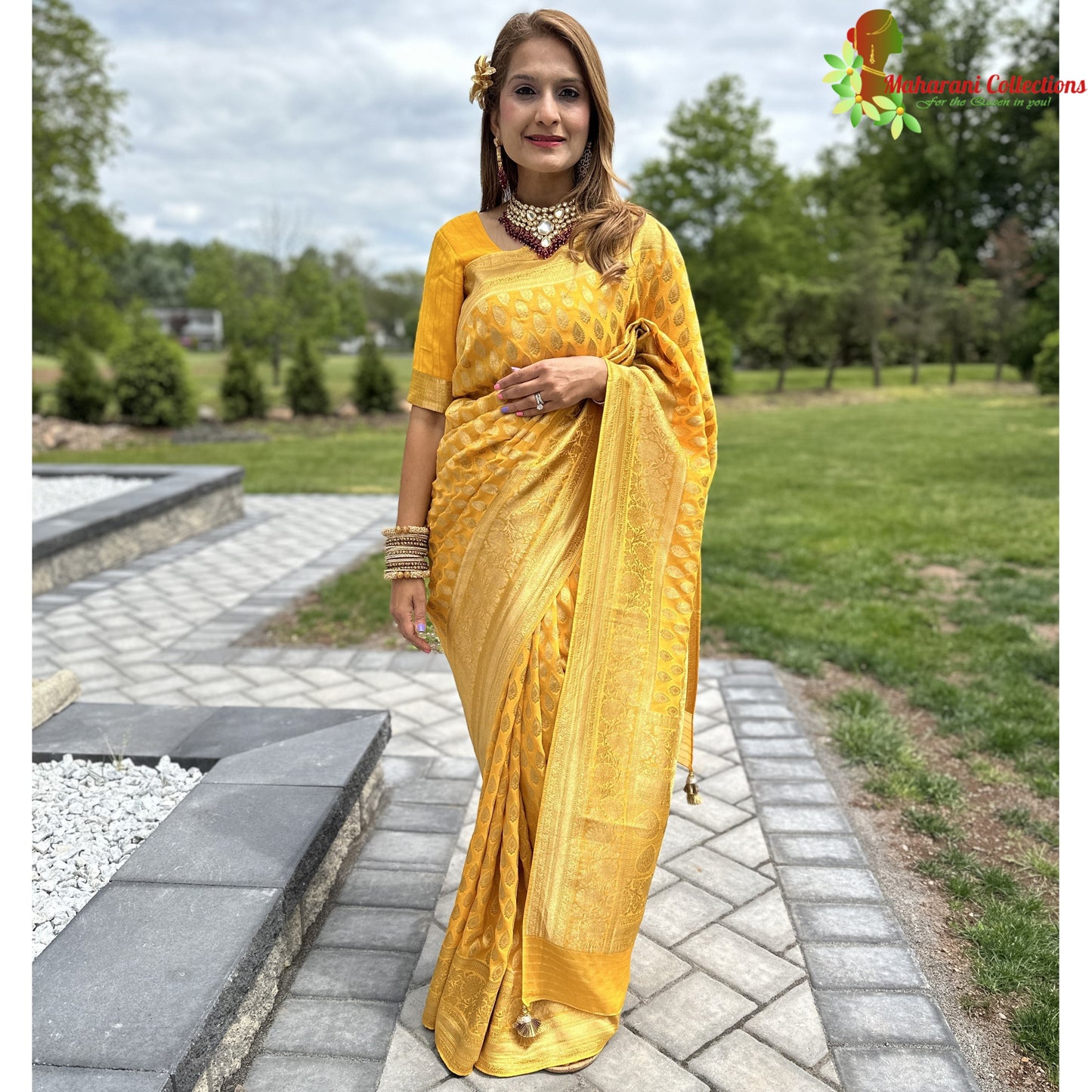 Maharani's Pure Banarasi Khaddi Georgette Saree - Yellow