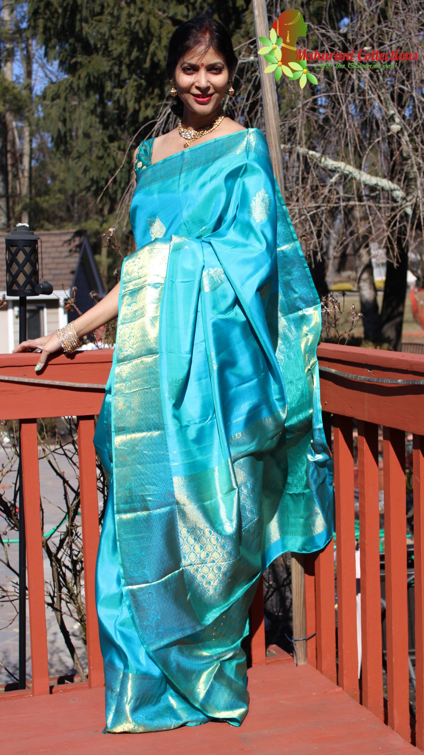 Maharani's Pure Handloom Kanjivaram Silk Saree - Greenish Blue with Golden Zari and Boota Work