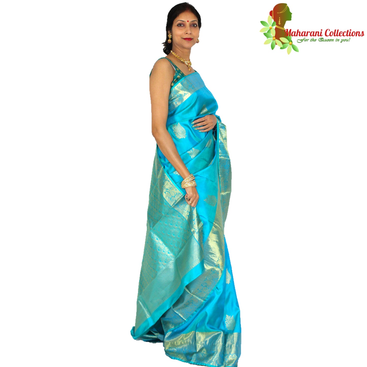 Maharani's Pure Handloom Kanjivaram Silk Saree - Greenish Blue with Golden Zari and Boota Work