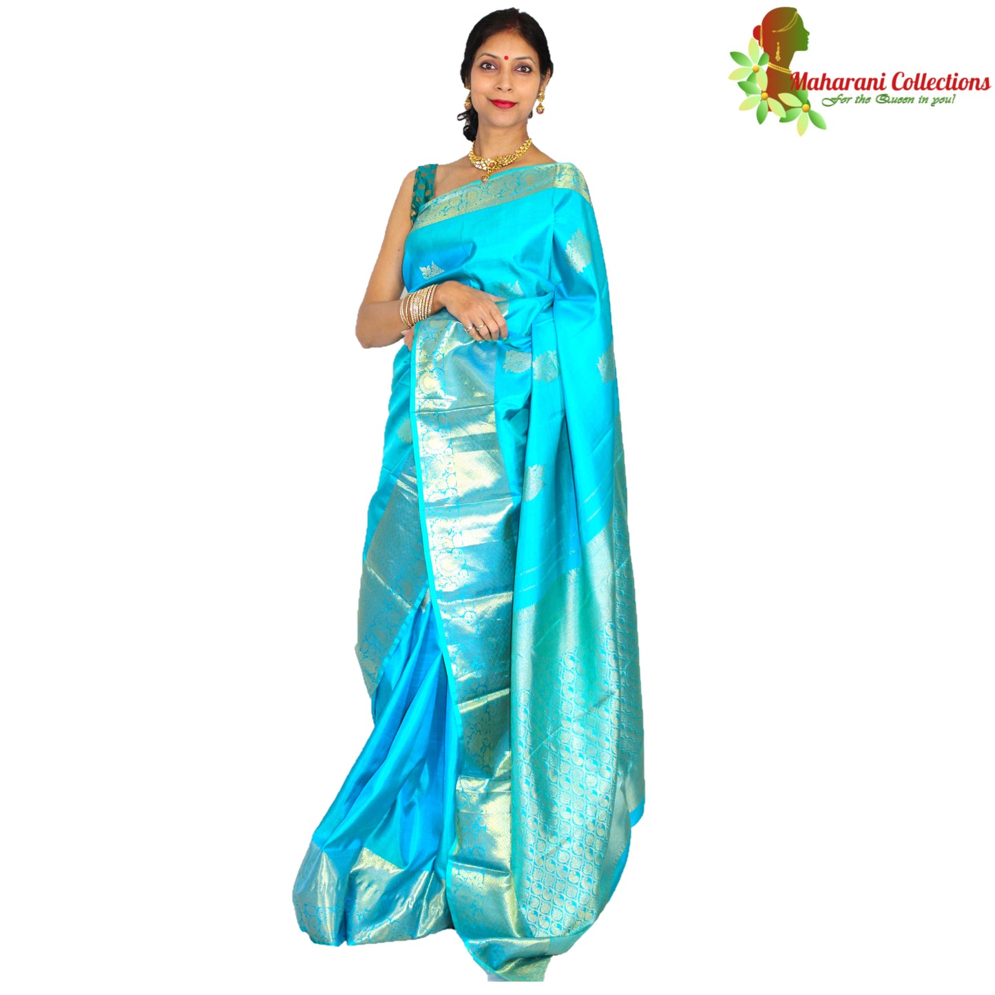 Maharani's Pure Handloom Kanjivaram Silk Saree - Greenish Blue with Golden Zari and Boota Work