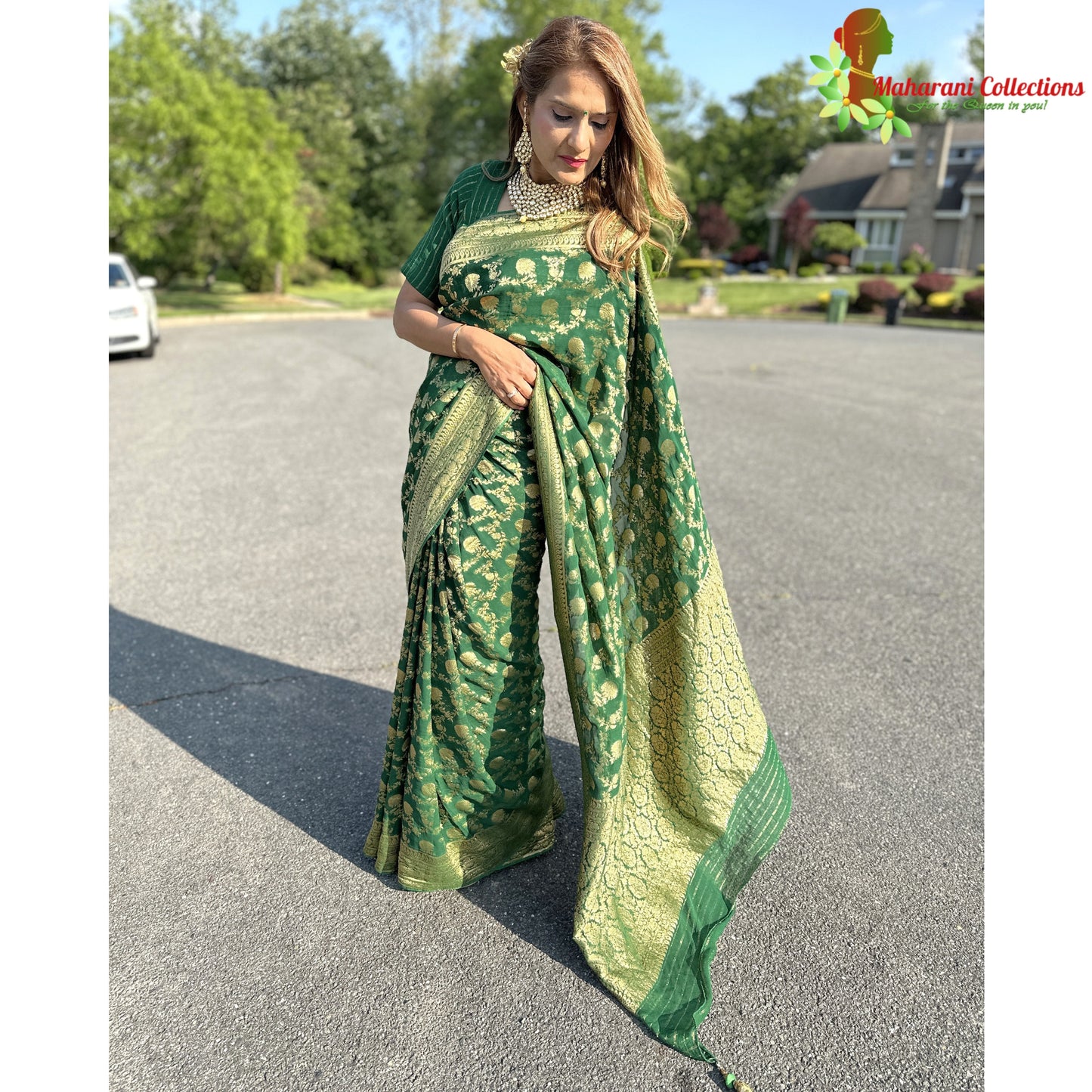 Maharani's Pure Banarasi Khaddi Georgette Saree - Bottle Green (with Stitched Blouse and Petticoat)
