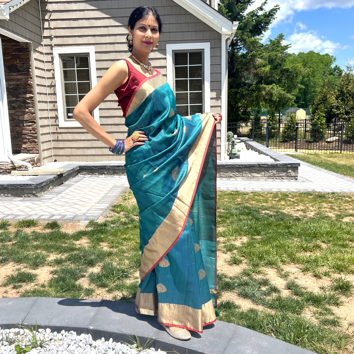 Maharani's Pure Tussar Silk Saree (Silk Mark) - Pine Green (with Stitched Blouse & Petticoat)