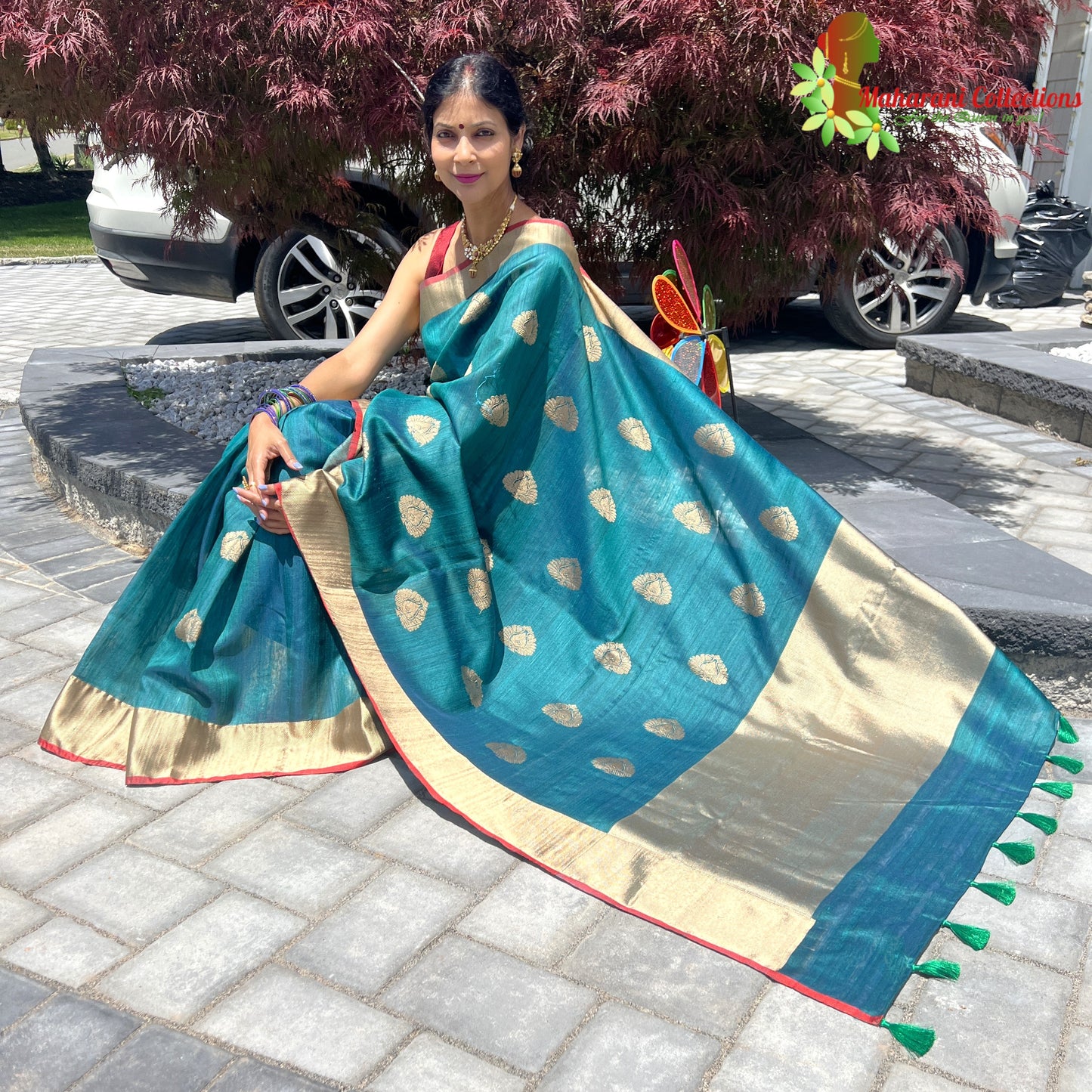 Maharani's Pure Tussar Silk Saree (Silk Mark) - Pine Green (with Stitched Blouse & Petticoat)