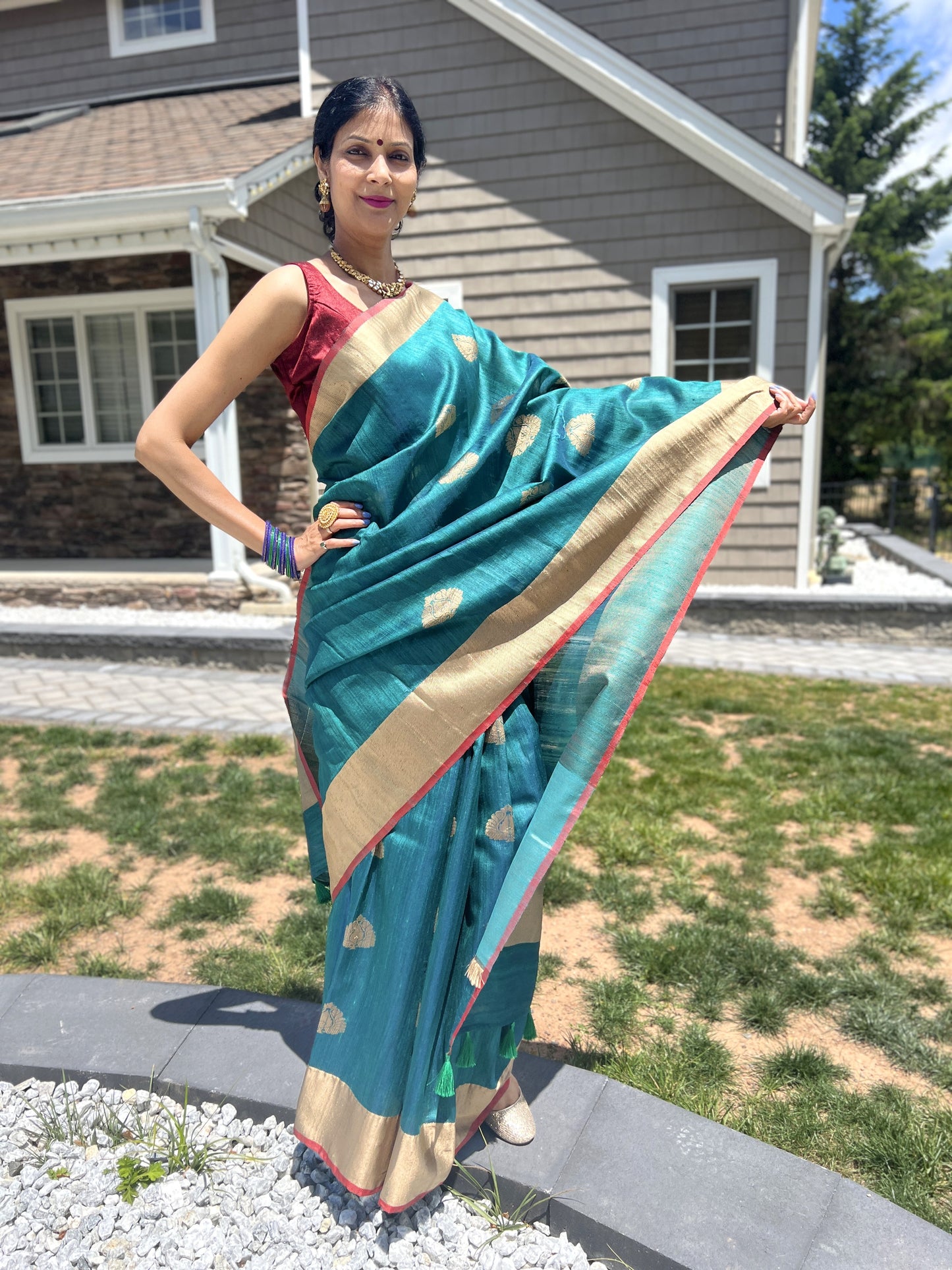 Maharani's Pure Tussar Silk Saree (Silk Mark) - Pine Green (with Stitched Blouse & Petticoat)