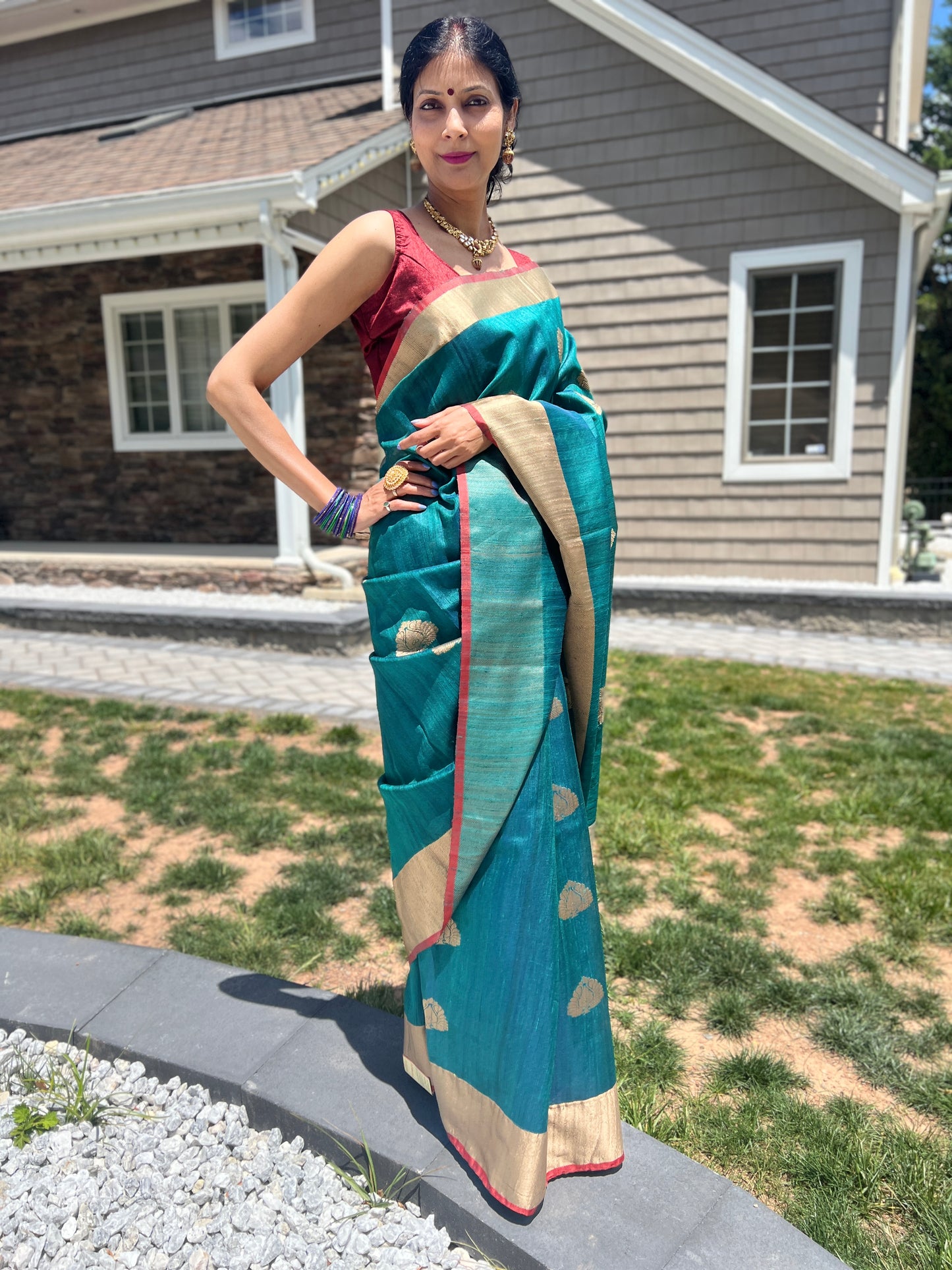 Maharani's Pure Tussar Silk Saree (Silk Mark) - Pine Green (with Stitched Blouse & Petticoat)