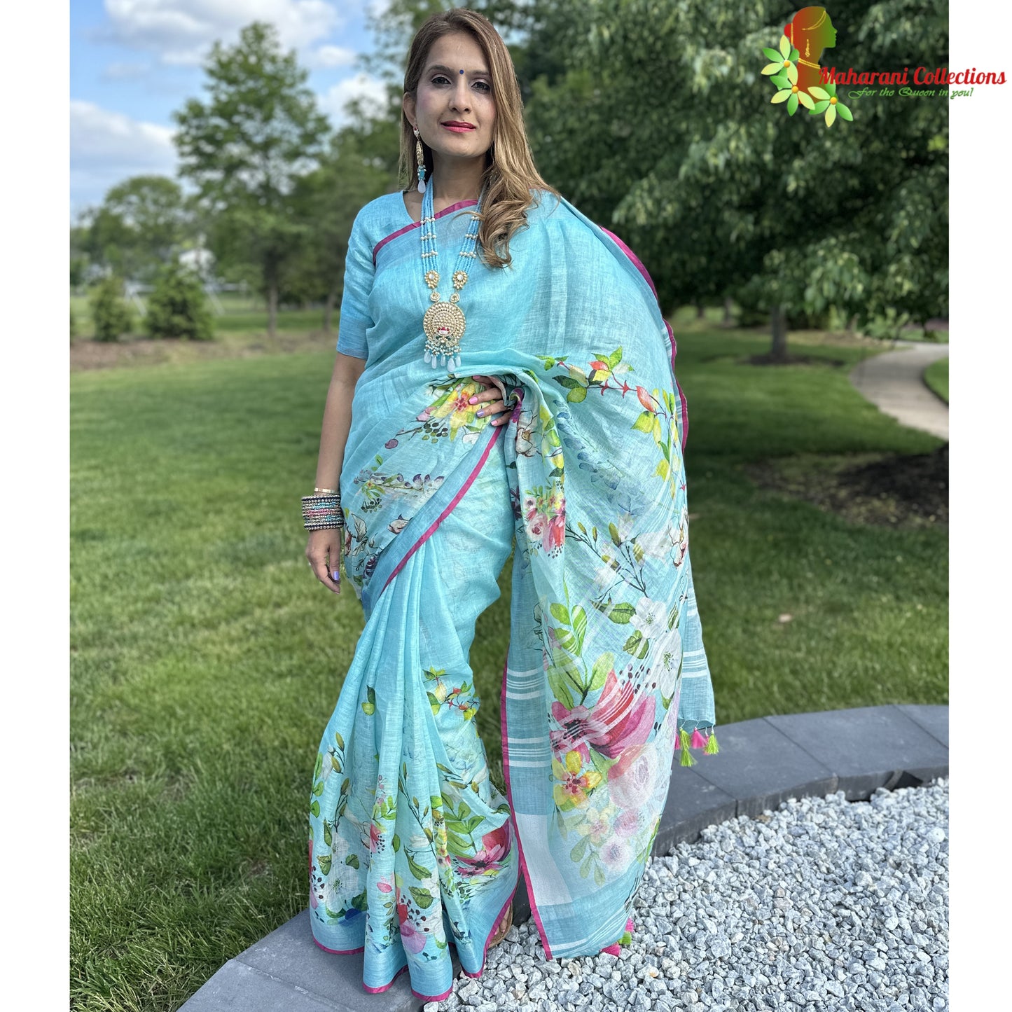 Maharani's Simple Elegance Matka Silk Saree - Sky Blue (with stitched blouse and petticoat)