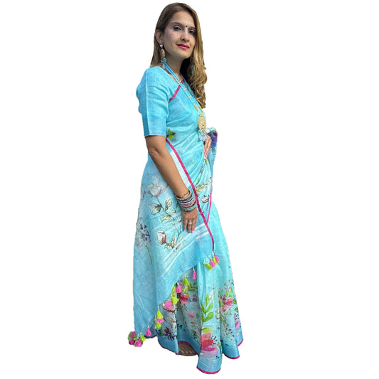 Maharani's Simple Elegance Matka Silk Saree - Sky Blue (with stitched blouse and petticoat)