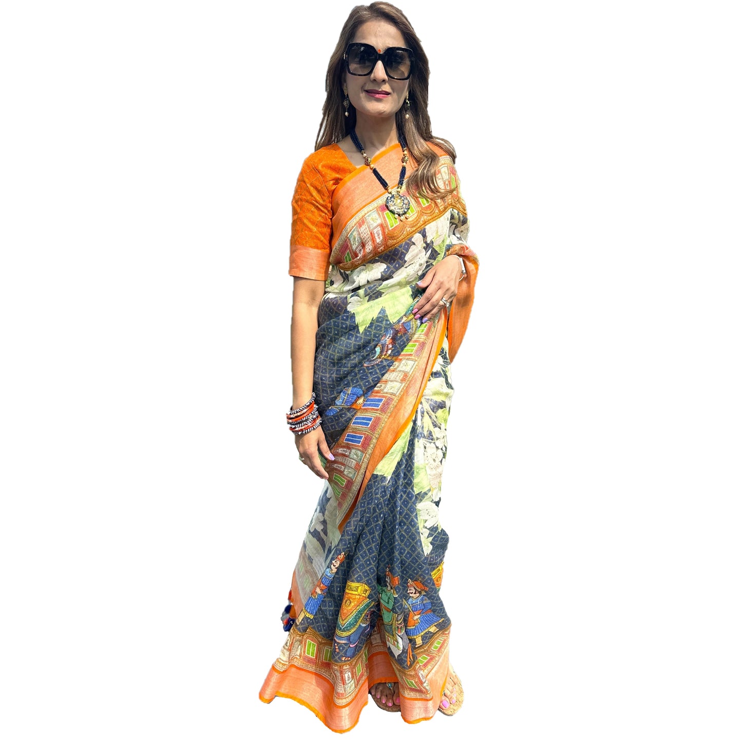 Maharani's Simple Elegance Matka Silk Saree - Orange and Blue (with stitched blouse and petticoat)