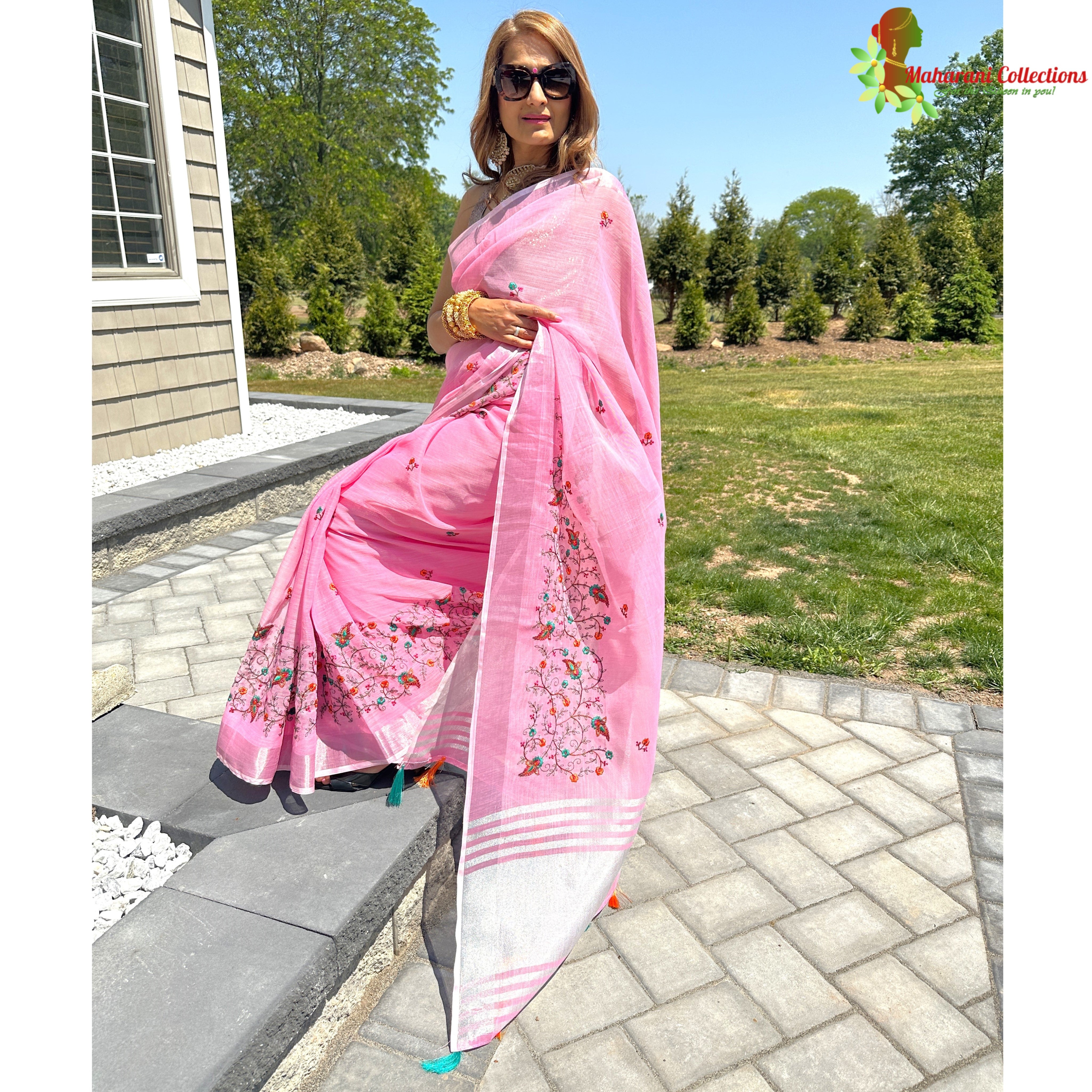 Semi matka saree pastel pink shade with allover pichwai prints & frenc –  Cherrypick