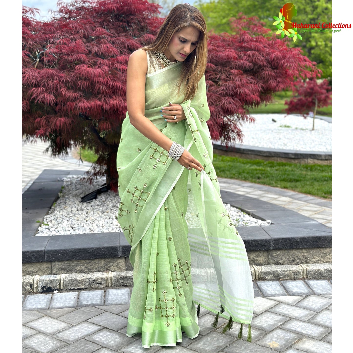 Maharani's Simple Elegance Matka Silk Saree - Green (with stitched blouse and petticoat)