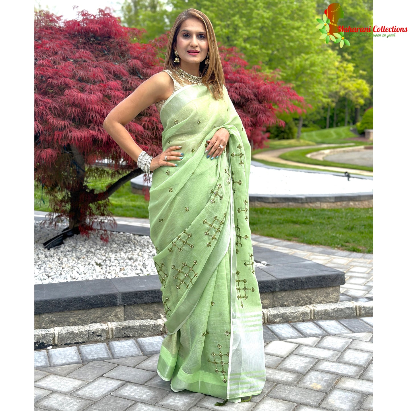 Maharani's Simple Elegance Matka Silk Saree - Green (with stitched blouse and petticoat)