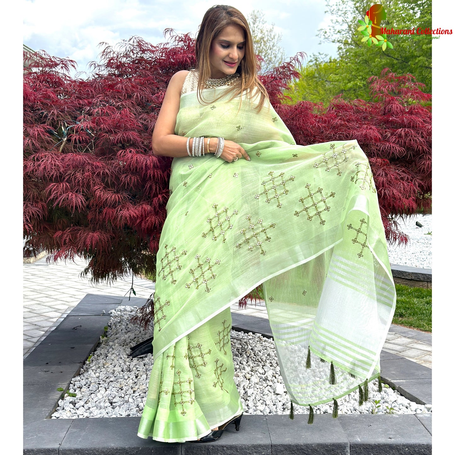 Maharani's Simple Elegance Matka Silk Saree - Green (with stitched blouse and petticoat)