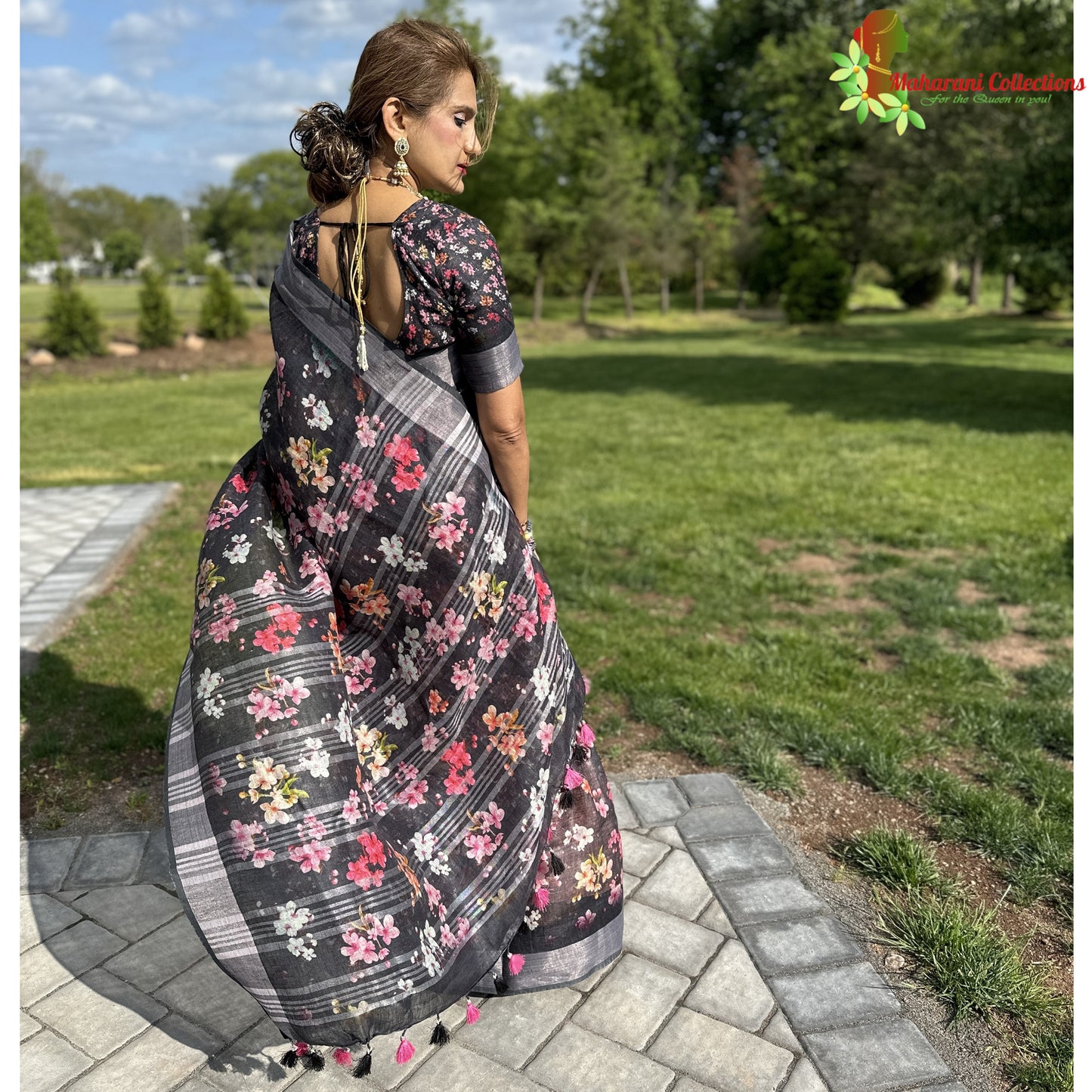 Maharani's Simple Elegance Matka Silk Saree - Floral Grey (with stitched blouse and petticoat)