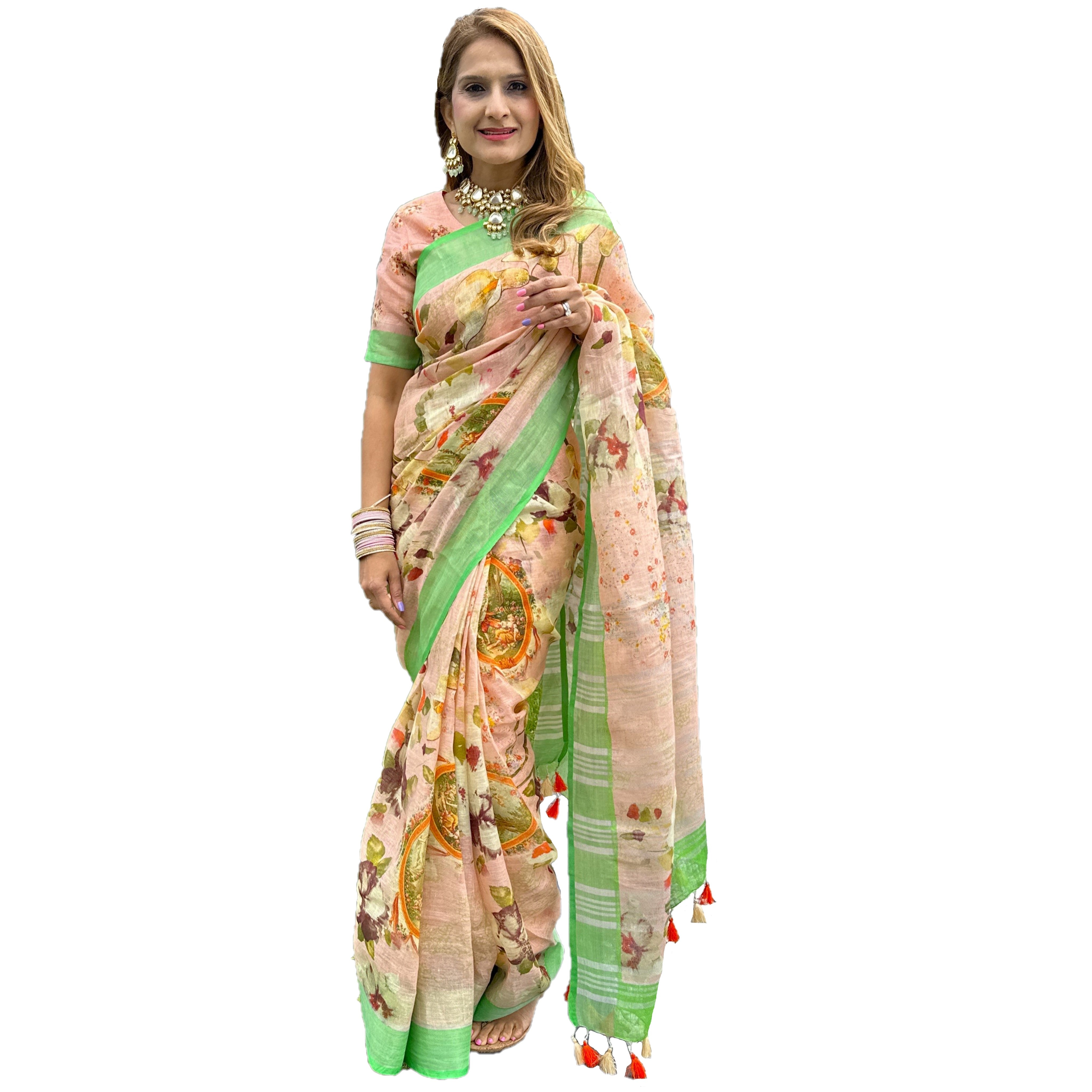 Buy Shyamansh Fab Women's Cotton Ikkat Saree Hand Printed cotton mulmul  linen chanderi fabric sari_MEE_0923 at Amazon.in