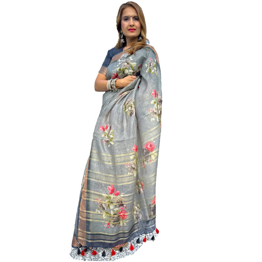 Maharani's Simple Elegance Matka Silk Saree - Floral Grey (with stitched blouse and petticoat)