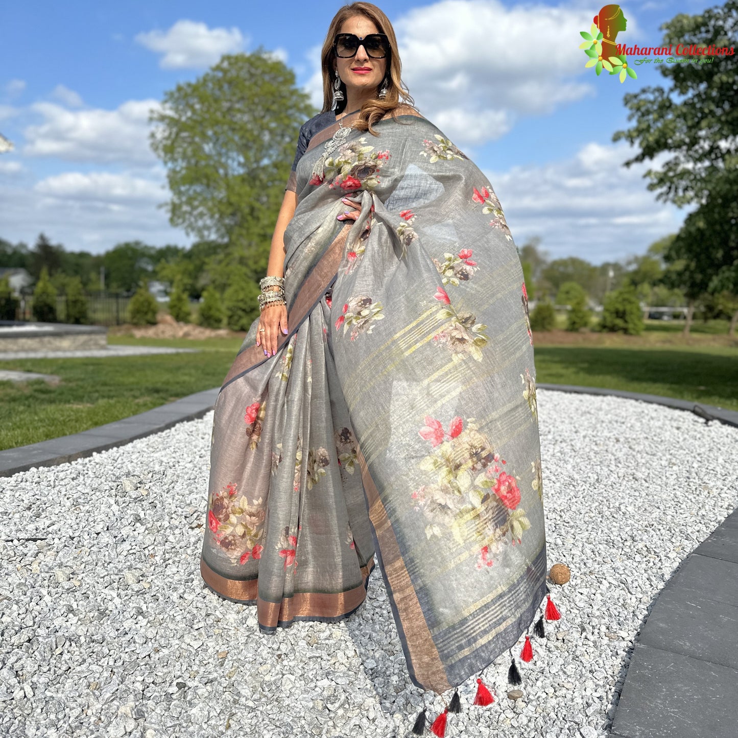 Maharani's Simple Elegance Matka Silk Saree - Floral Grey (with stitched blouse and petticoat)