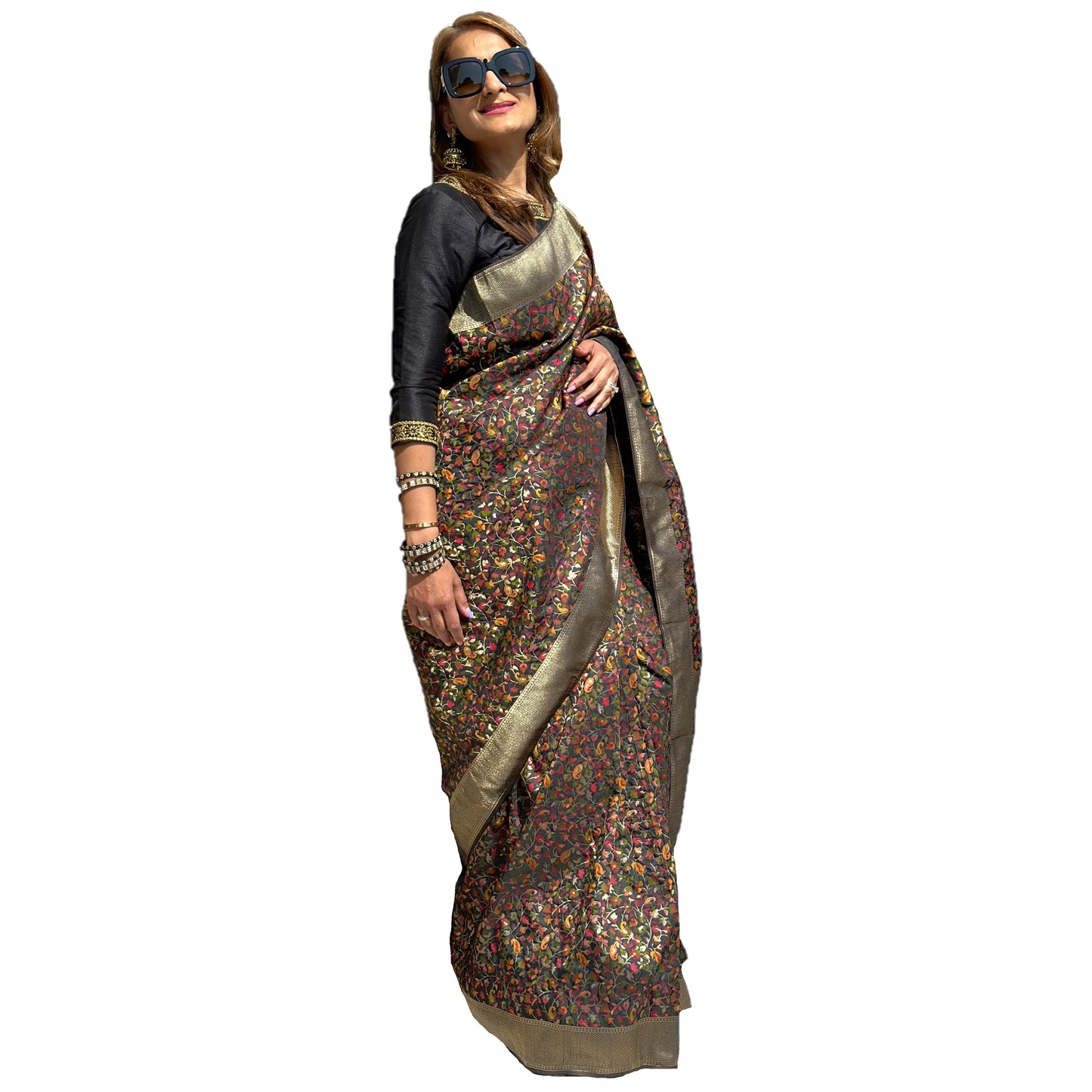 Maharani's Pure Banarasi Jamdani Silk Saree - Black Floral (with stitched blouse and petticoat)