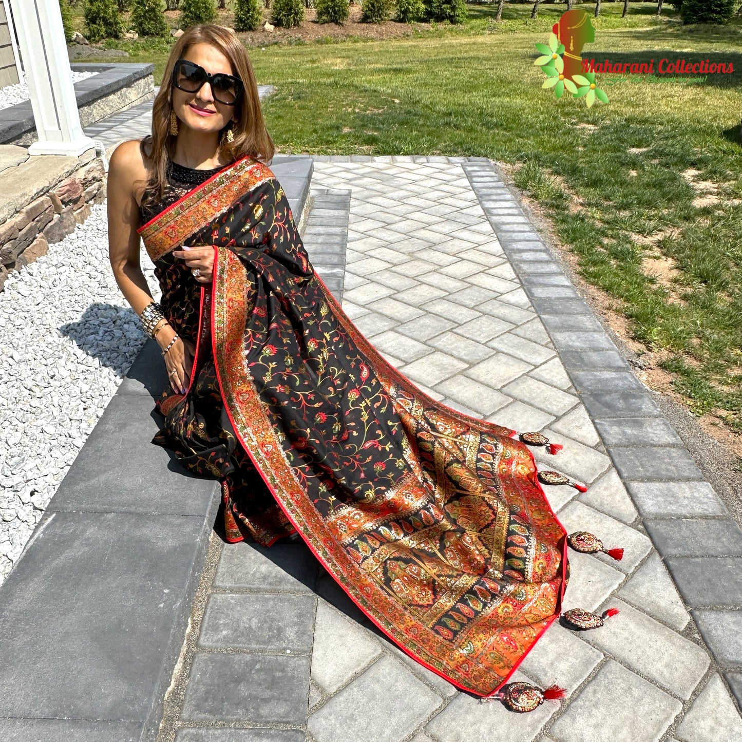 Maharani's Pure Banarasi Jamdani Silk Saree - Black Floral (with stitched blouse and petticoat)