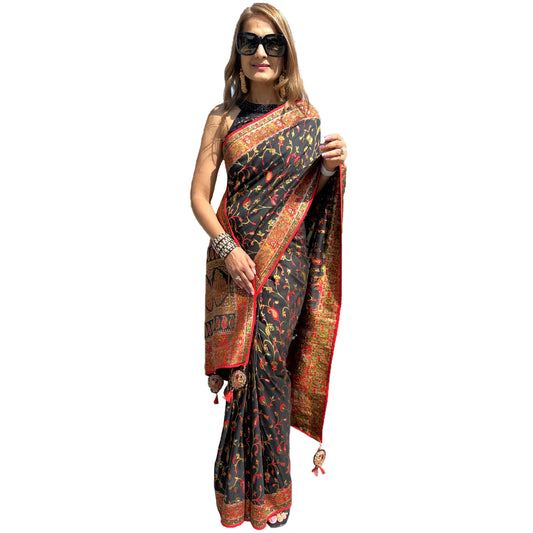 Maharani's Pure Banarasi Jamdani Silk Saree - Black Floral (with stitched blouse and petticoat)