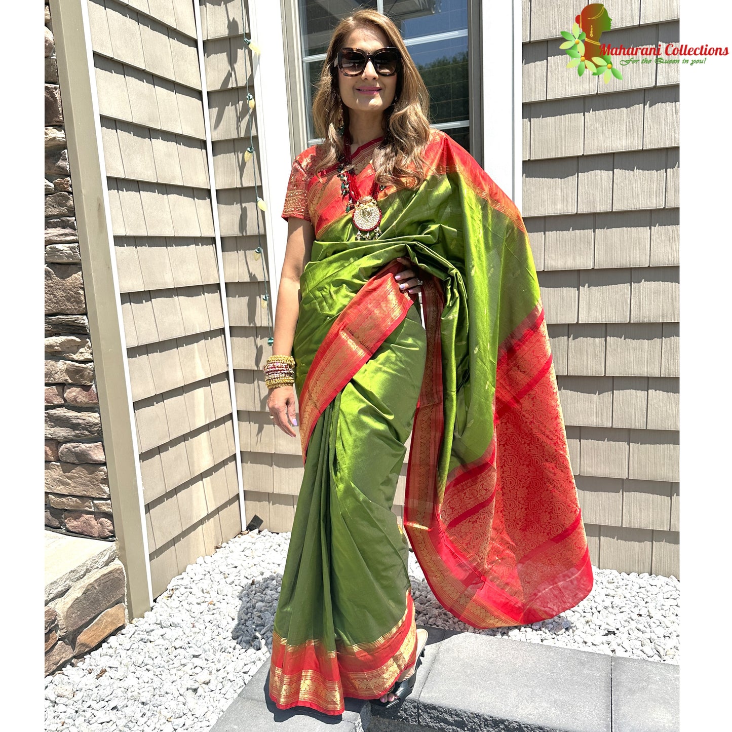 Maharani's Pure Banarasi Silk Saree - Parrot Green (with stitched Petticoat)