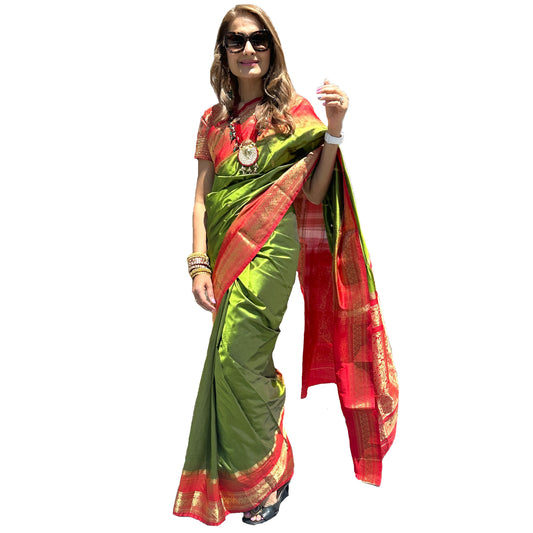 Maharani's Pure Banarasi Silk Saree - Parrot Green (with stitched Petticoat)