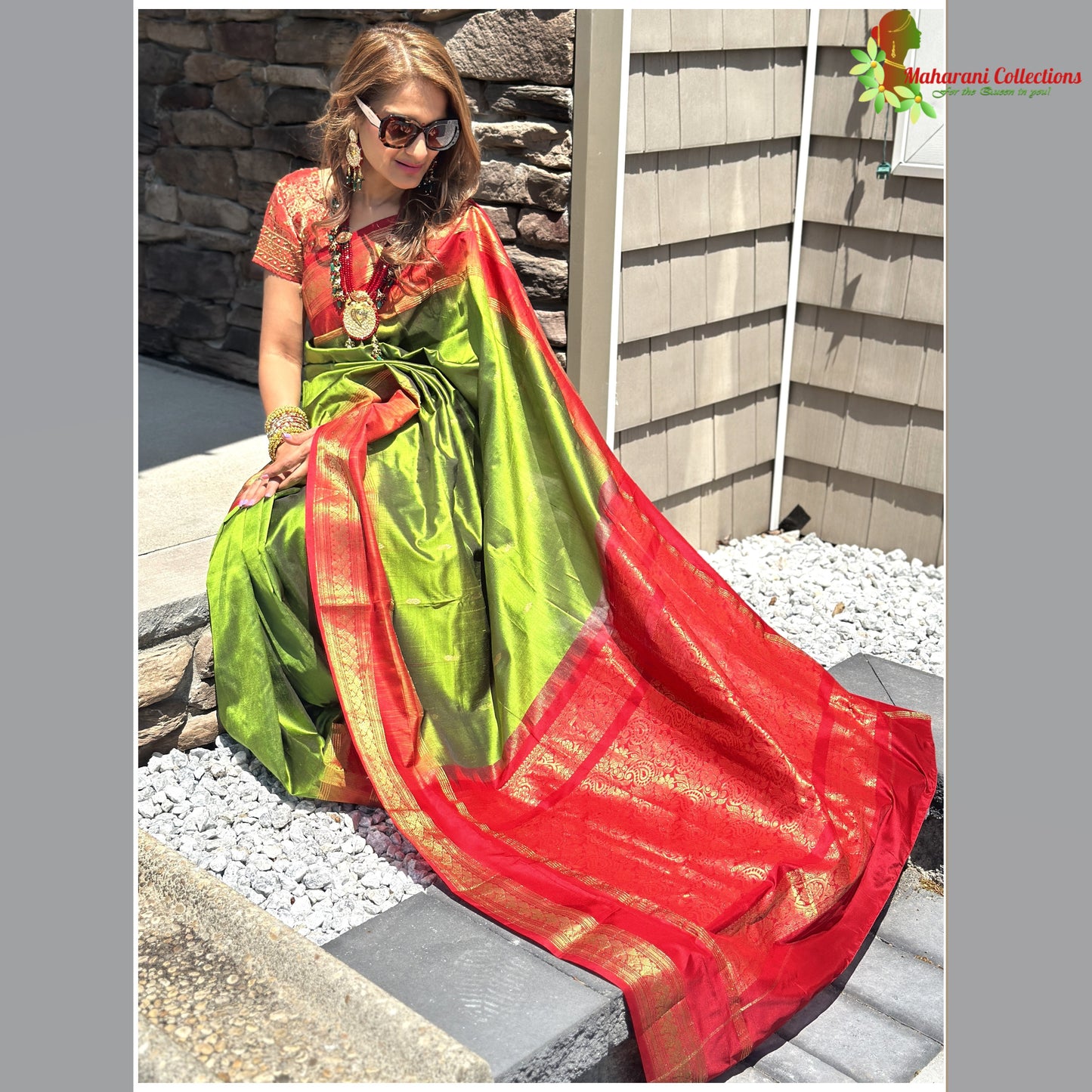 Maharani's Pure Banarasi Silk Saree - Parrot Green (with stitched Petticoat)