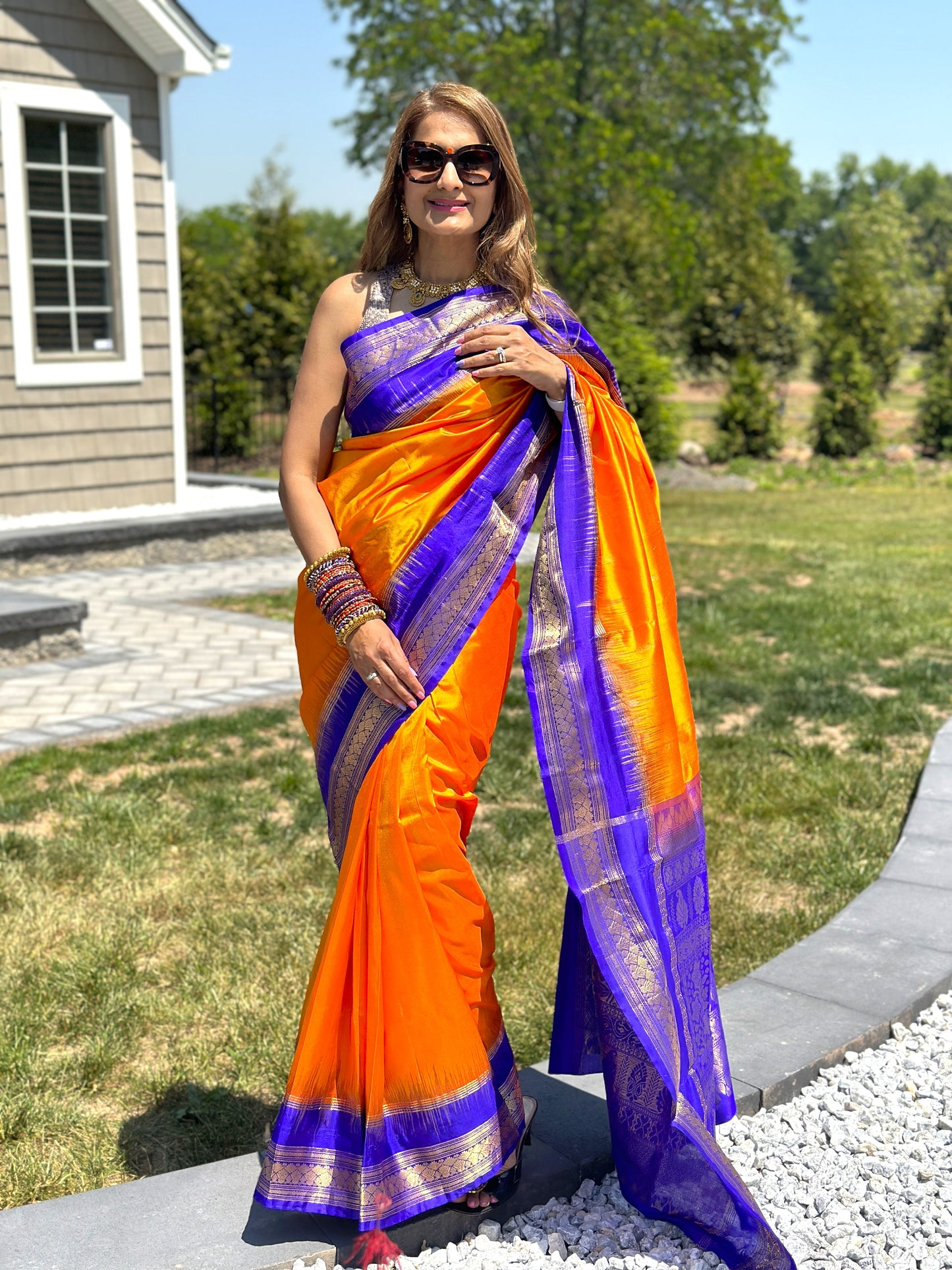 Maharani's Pure Banarasi Silk Saree - Yellow/Orange (with stitched Petticoat)