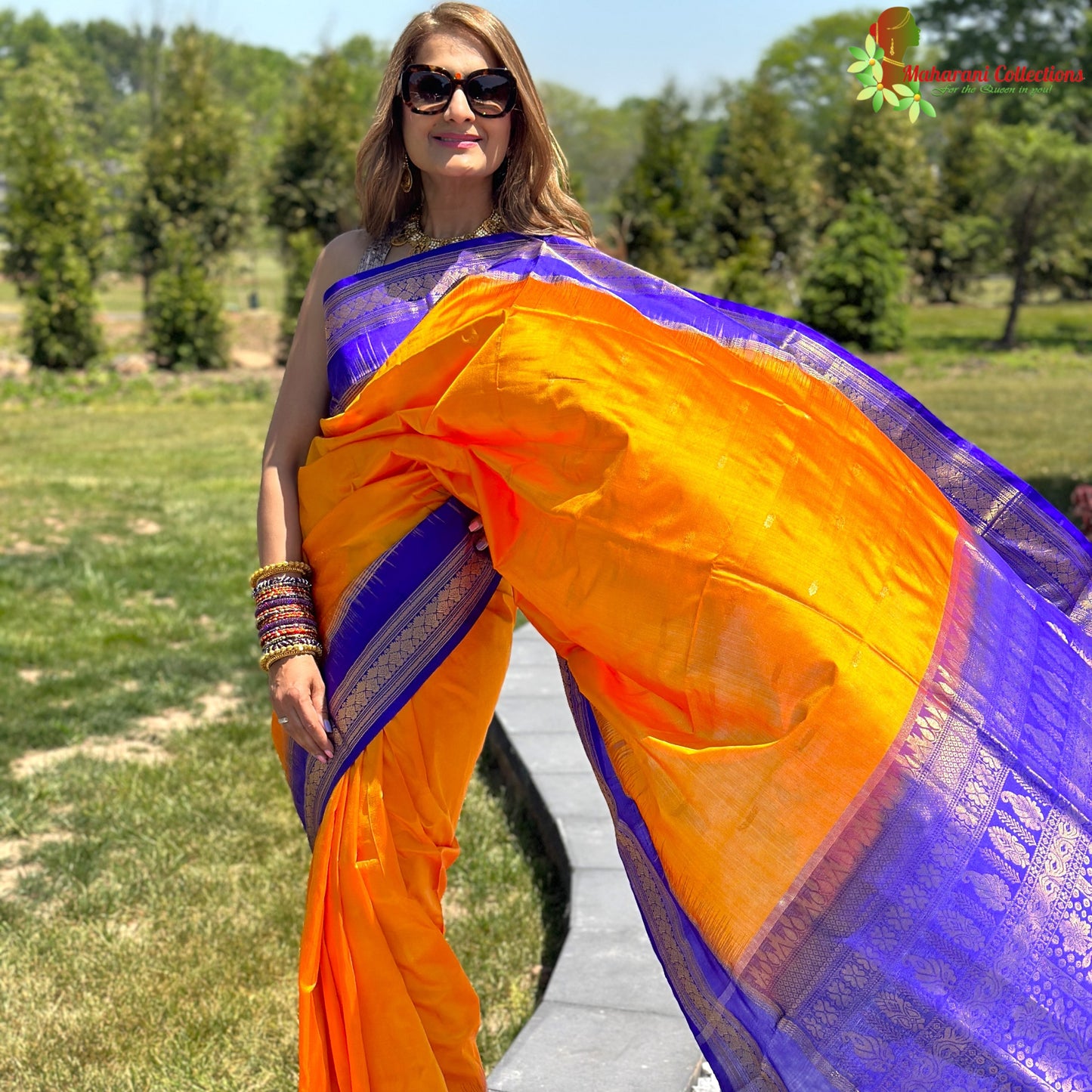 Maharani's Pure Banarasi Silk Saree - Yellow/Orange (with stitched Petticoat)