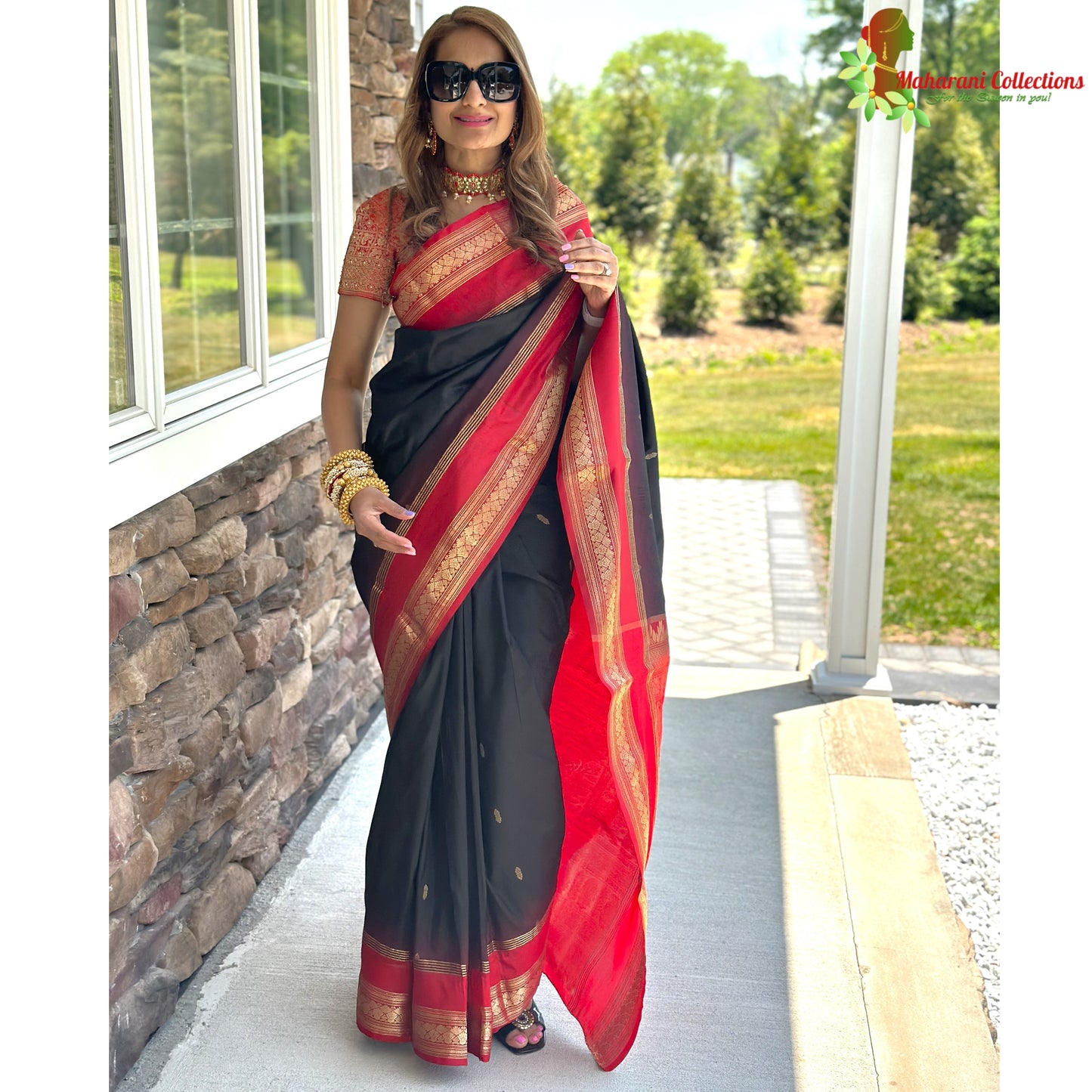 Maharani's Pure Banarasi Silk Saree - Black (with stitched Petticoat)