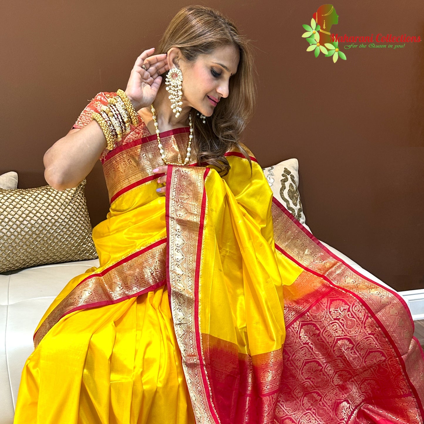 Maharani's Pure Banarasi Silk Saree - Bridal Yellow (with stitched Petticoat)