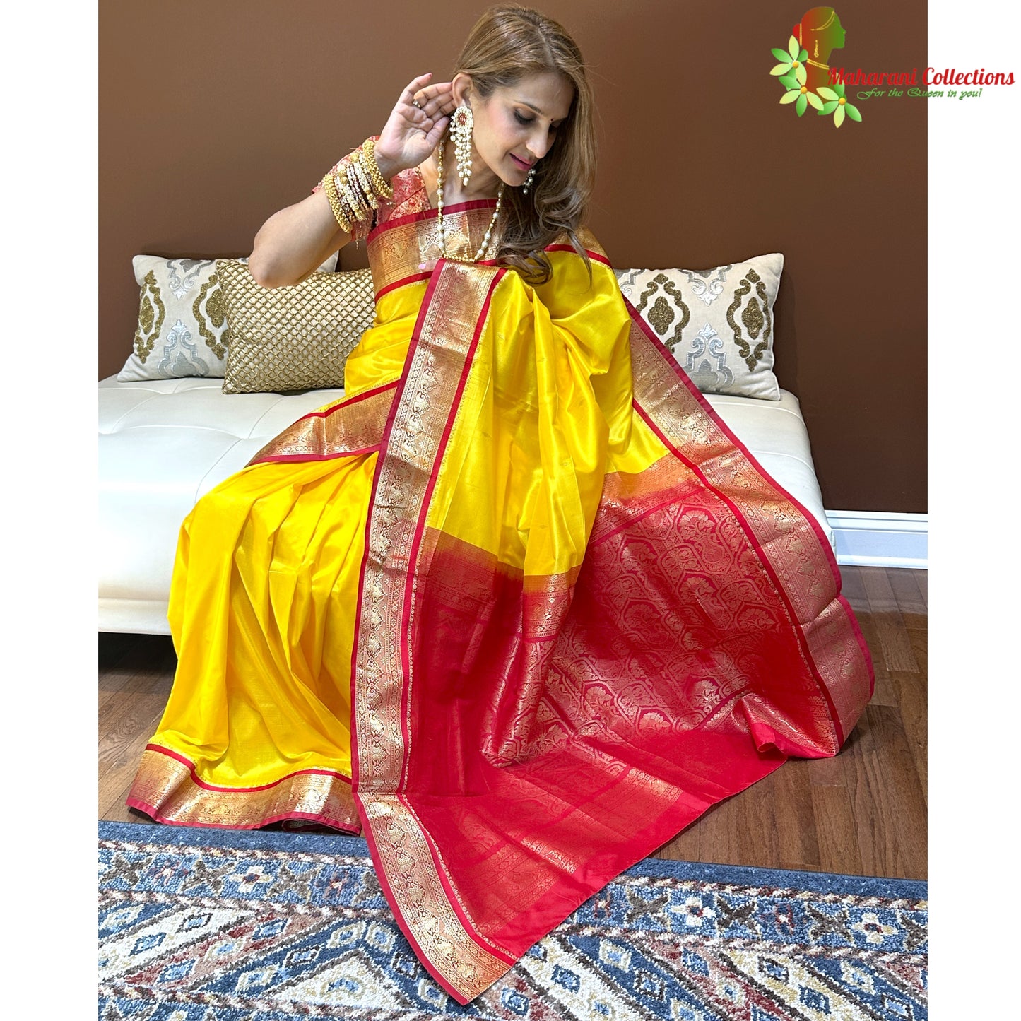 Maharani's Pure Banarasi Silk Saree - Bridal Yellow (with stitched Petticoat)