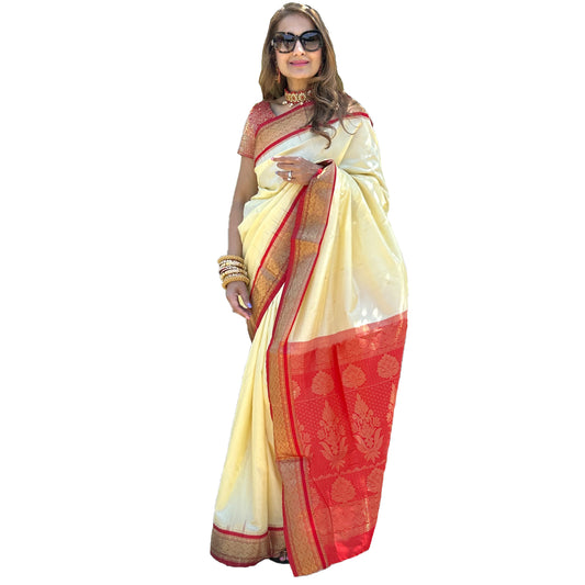 Maharani's Pure Banarasi Silk Saree - Lemon Yellow (with stitched Petticoat)