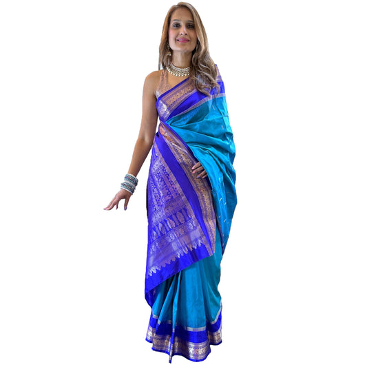 Maharani's Pure Banarasi Silk Saree - Sky Blue (with stitched Petticoat)