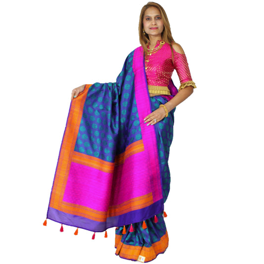 Maharani's Pure Banarasi Silk Saree - Robin Blue (with stitched Blouse and Petticoat)