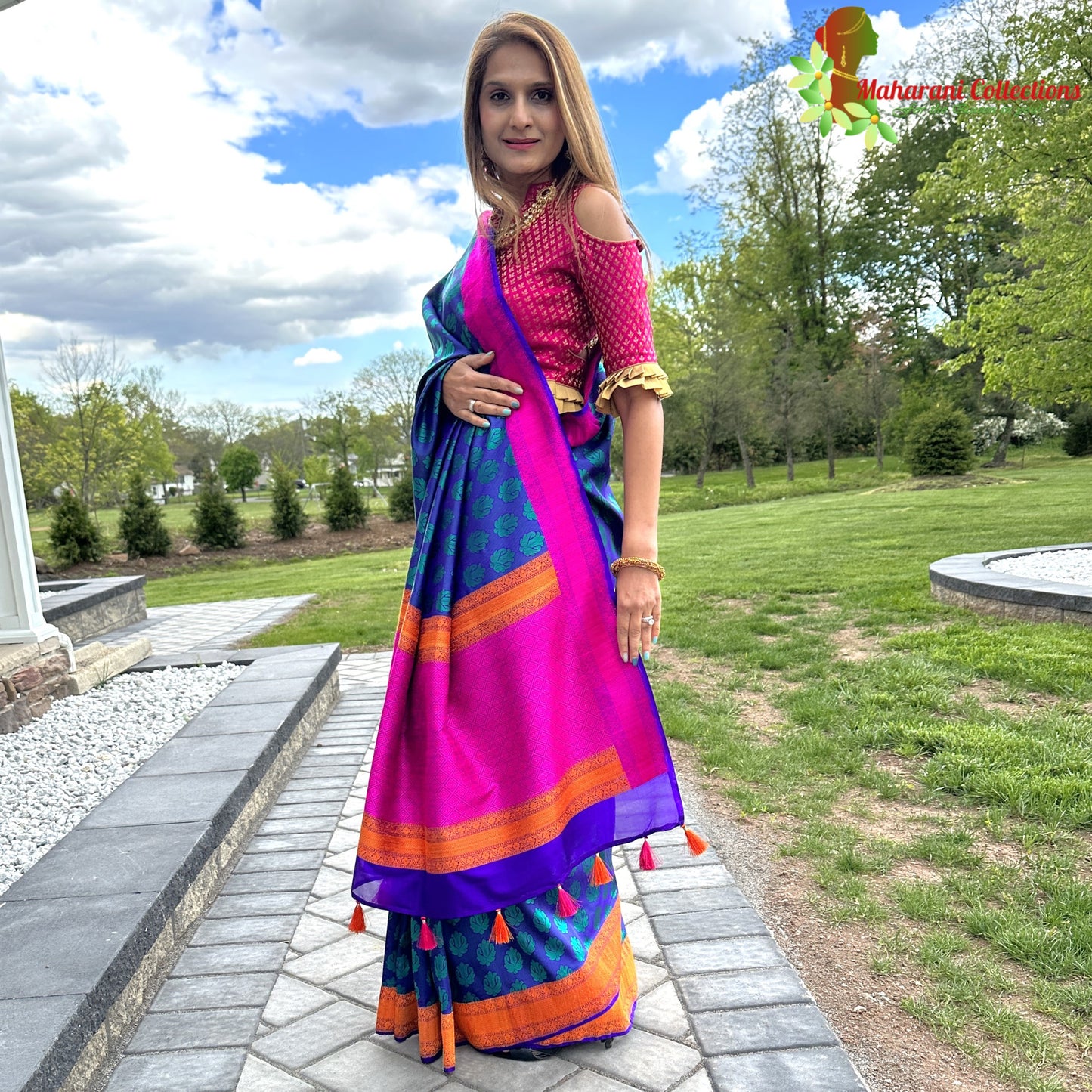 Maharani's Pure Banarasi Silk Saree - Robin Blue (with stitched Blouse and Petticoat)