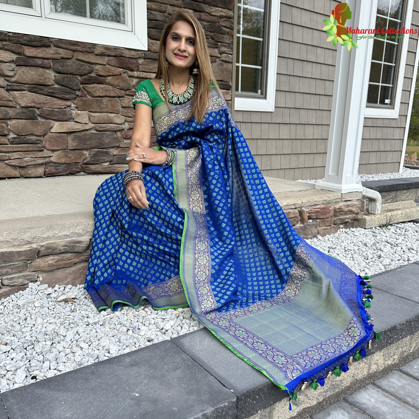 Maharani's Pure Banarasi Silk Saree - Blue with Green Border (with stitched Blouse and Petticoat)